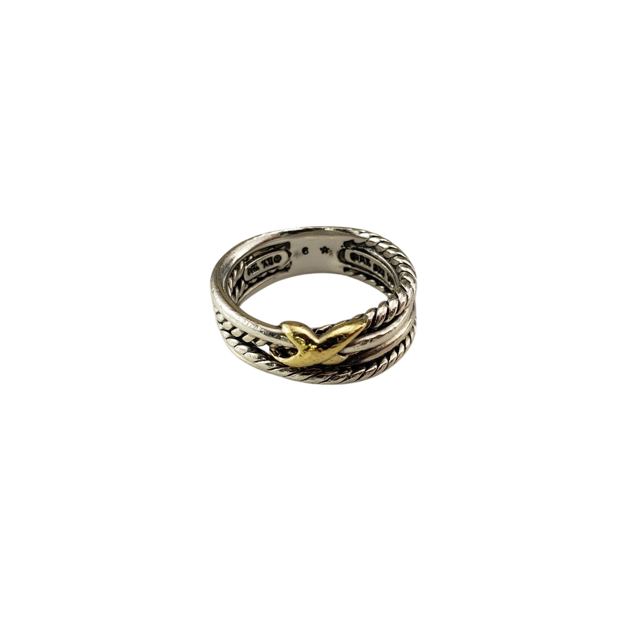 David Yurman Sterling Silver and 18K Yellow Gold X Crossover Ring Size 5.75

This elegant David Yurman ring is distinguished by its unique crossover design, where intertwined bands form a dynamic 