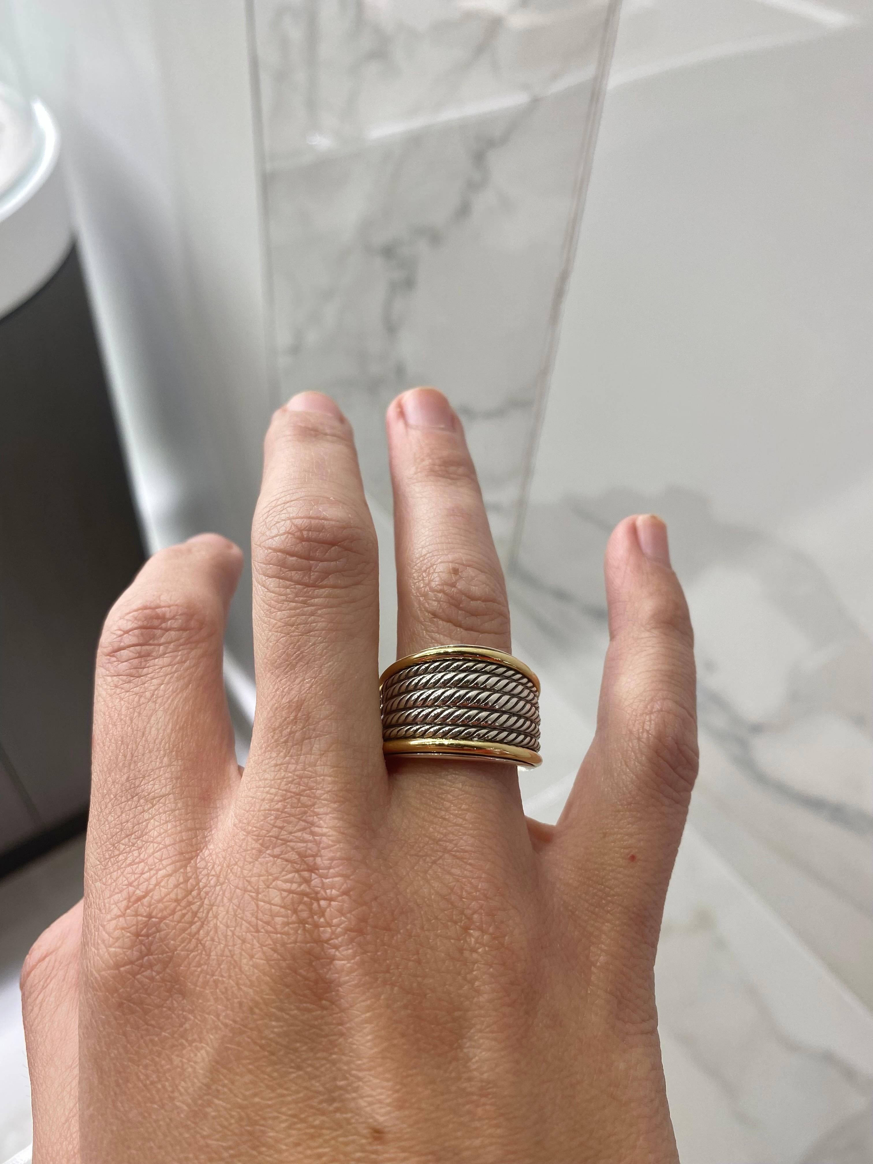 David Yurman Sterling Silver & 18kt Yellow Gold Origami Wide Cable Band Ring In Good Condition In Houston, TX