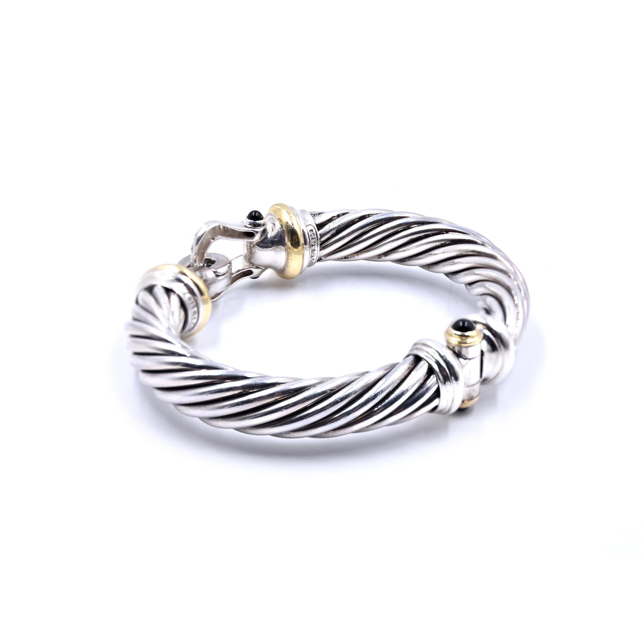 Round Cut David Yurman Sterling Silver/18KYGold Diamond Thoroughbred Cable Buckle Bracelet
