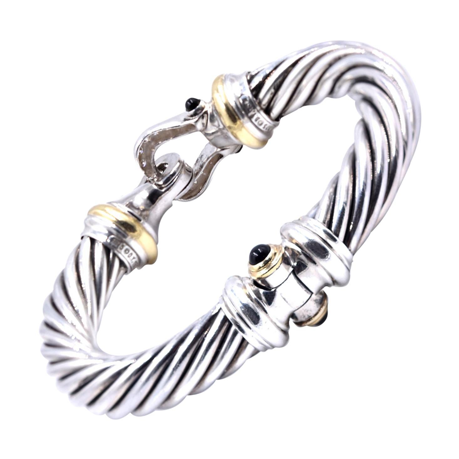 David Yurman Sterling Silver/18KYGold Diamond Thoroughbred Cable Buckle Bracelet