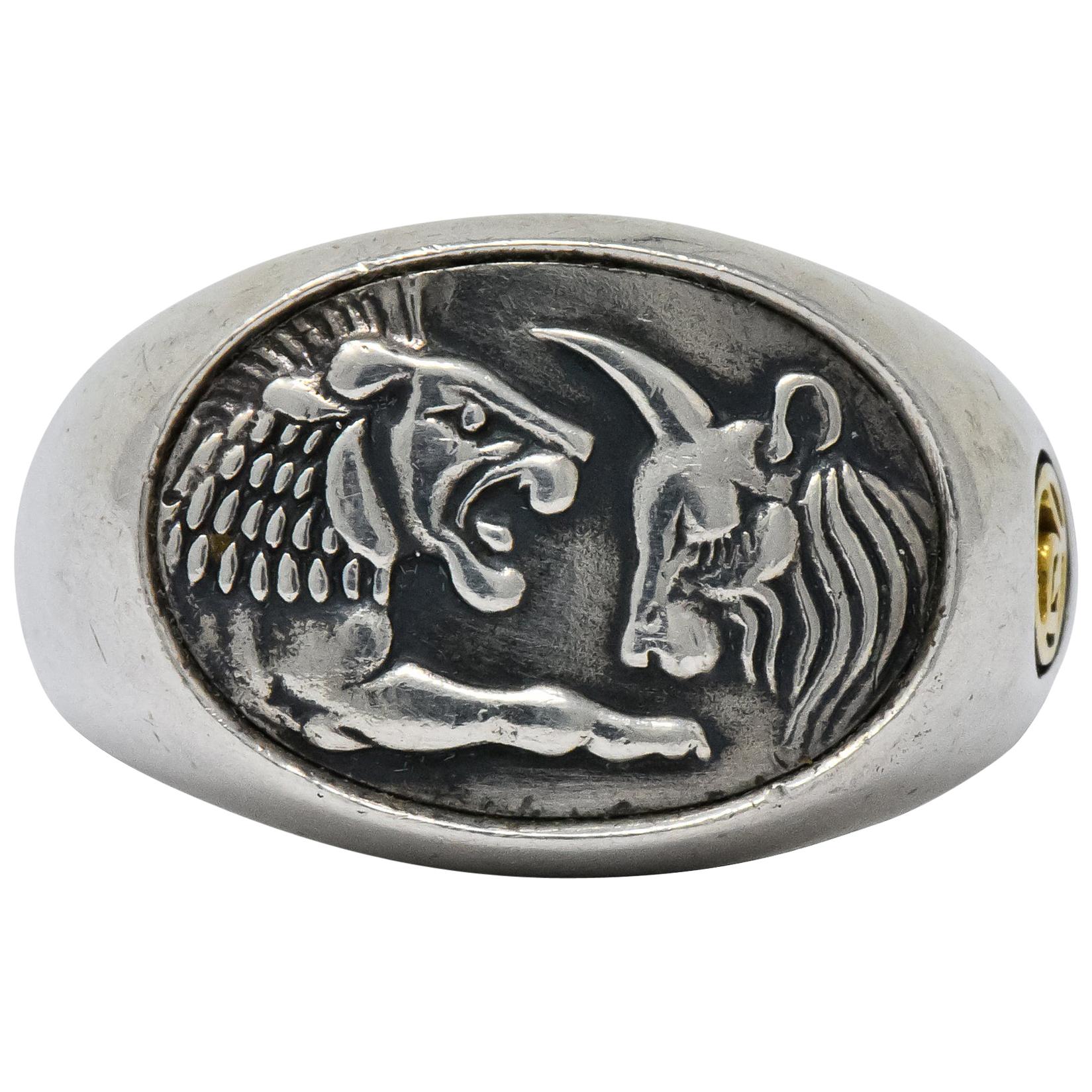 David Yurman Sterling Silver 22 Karat Gold Petrvs Ox and Lion Men's Signet Ring