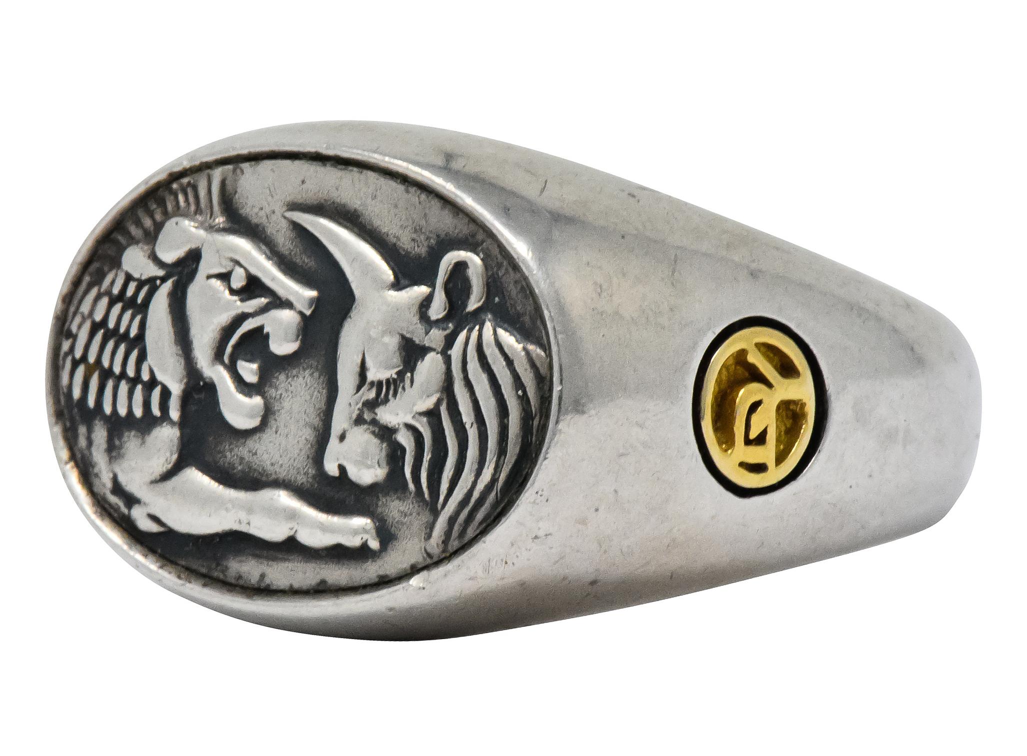 Modern David Yurman Sterling Silver 22 Karat Gold Petrvs Ox and Lion Men's Signet Ring