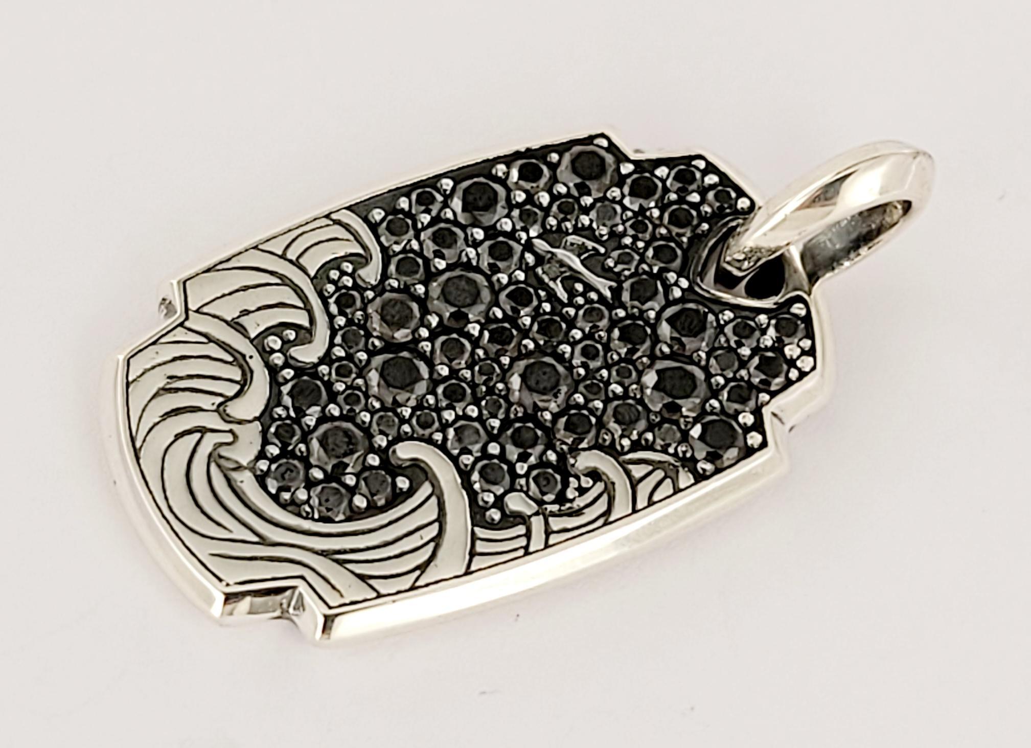 Round Cut David Yurman sterling silver 32.5mm Waves black diamond amulet tag enhancer For Sale