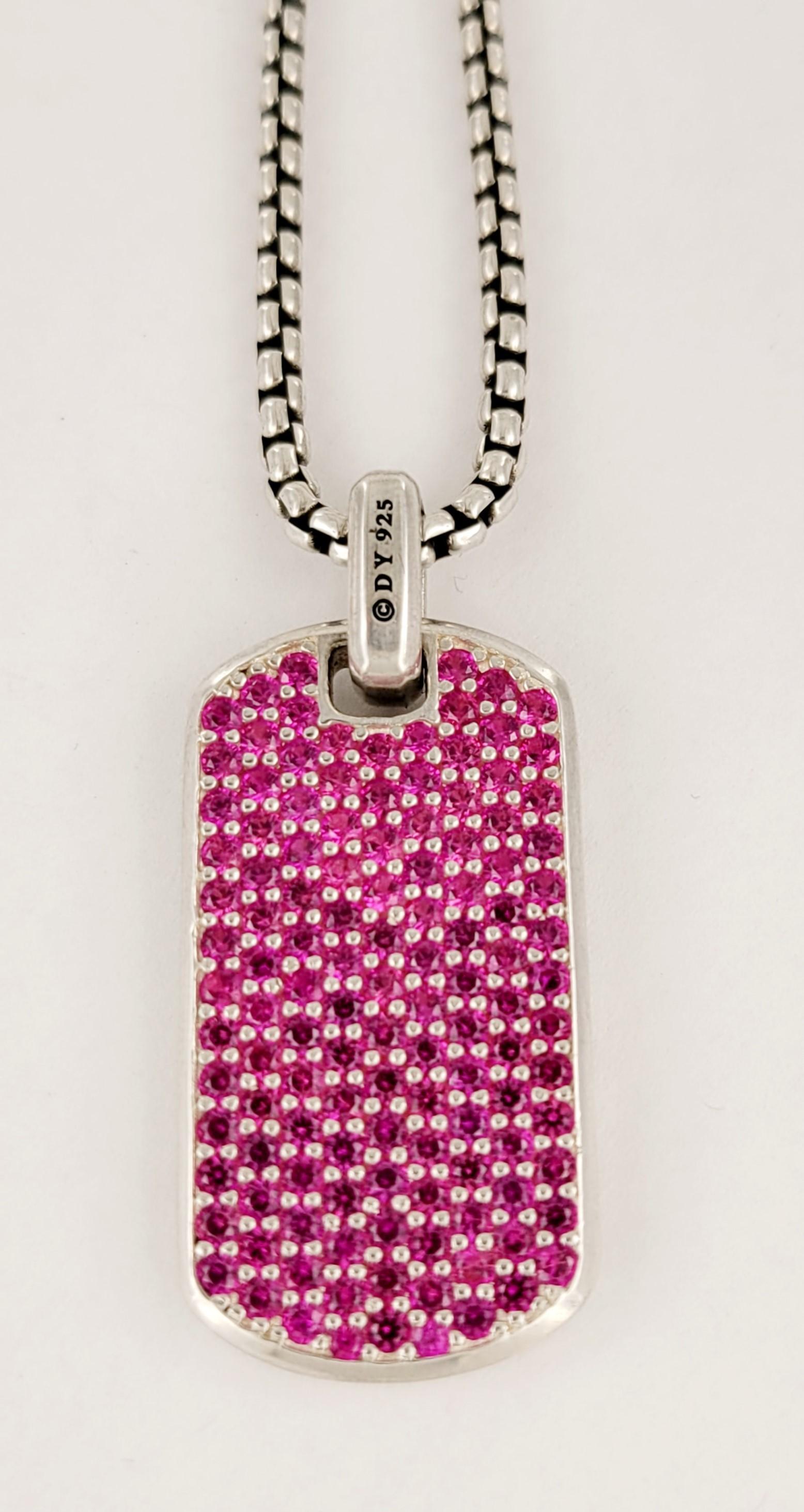 Round Cut David yurman Sterling Silver 34.3mm Streamline Dog Tag With Pink Sapphires