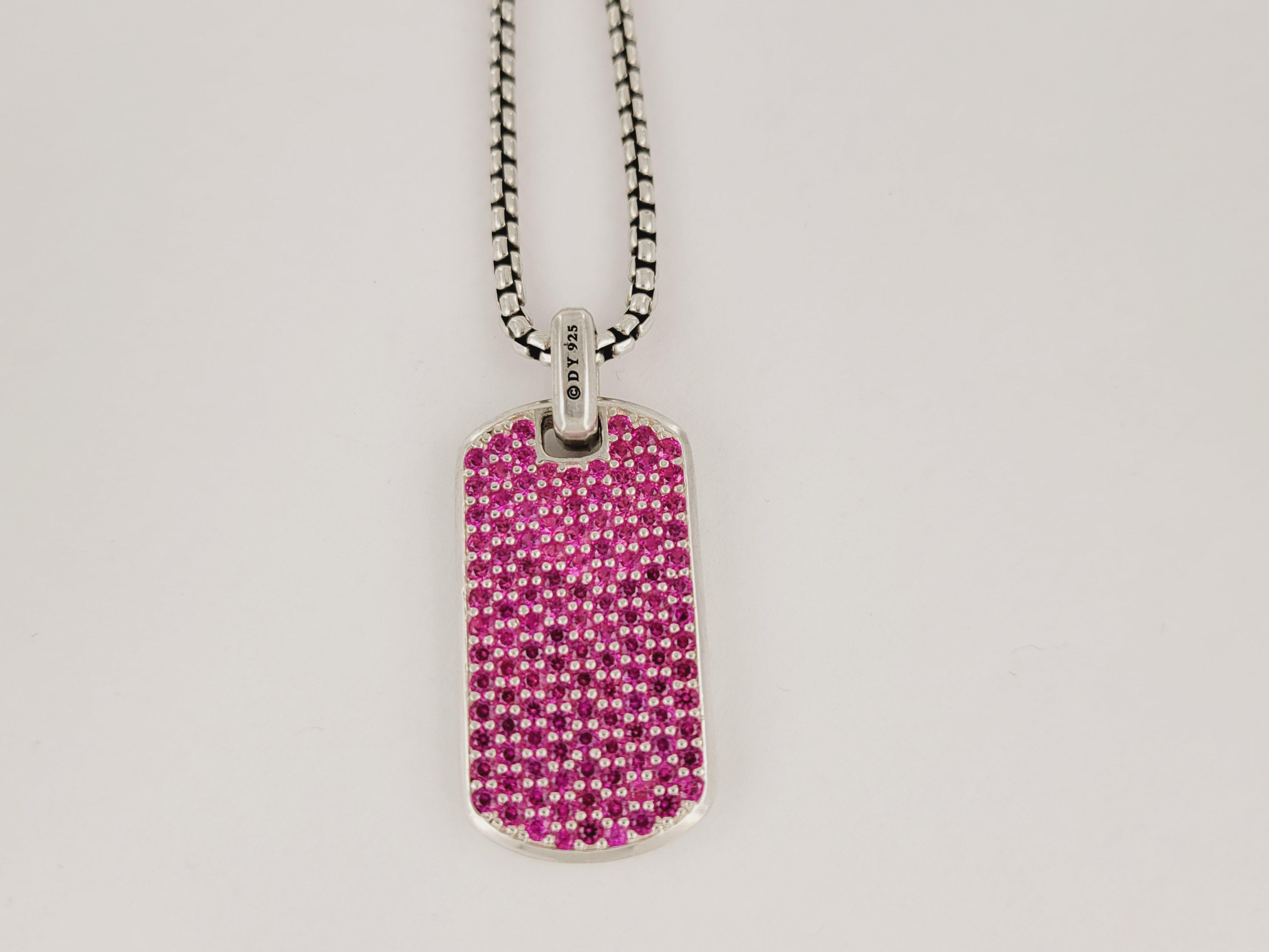 David yurman Sterling Silver 34.3mm Streamline Dog Tag With Pink Sapphires In Excellent Condition In New York, NY