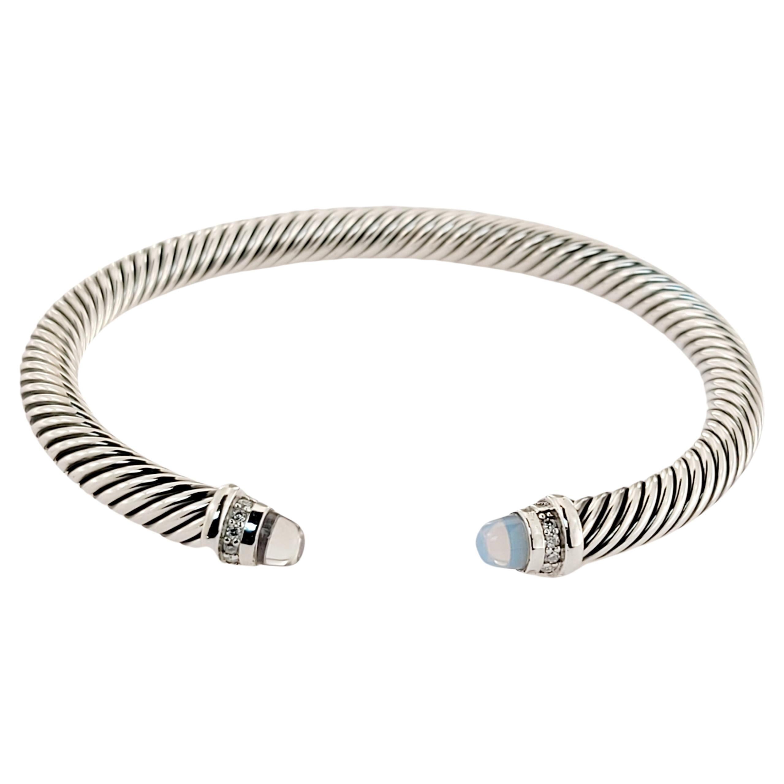 David Yurman Sterling Silver 5mm Cable Bracelet Moonstone and Diamonds. For Sale