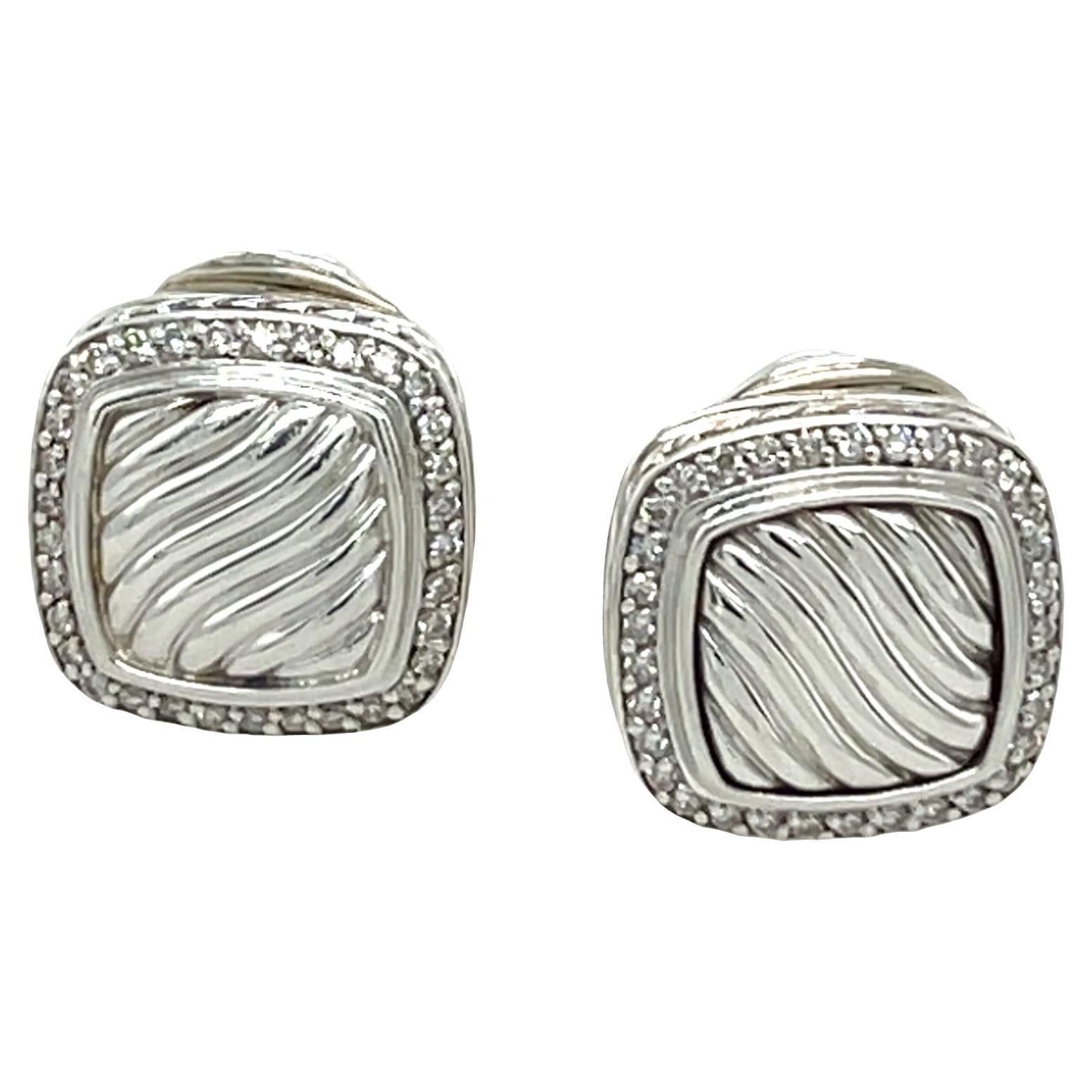 David Yurman Sterling Silver 925 Cushion Diamond Cable Omega Back Earring
s For Sale