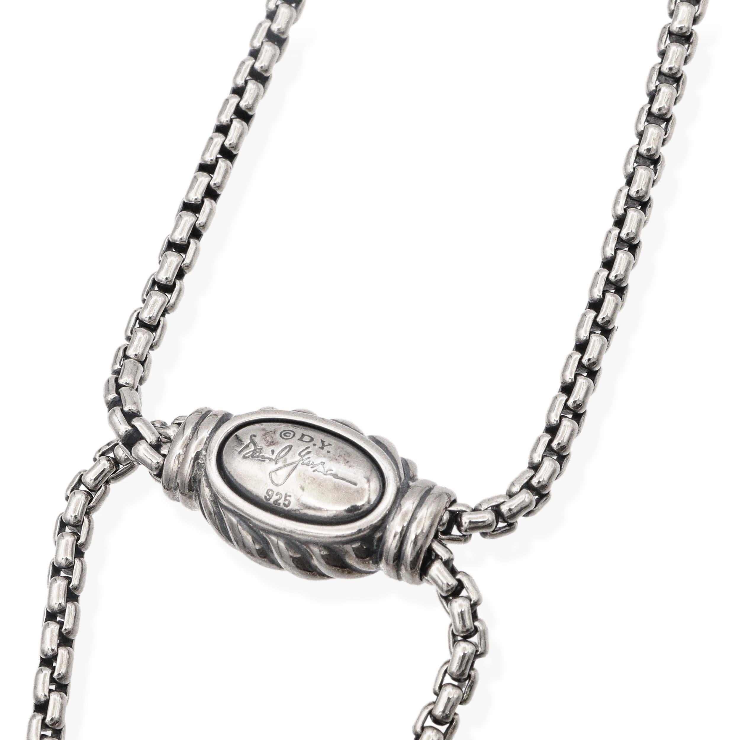 David Yurman Sterling Silver Adjustable Slide Box Chain Lariat Necklace. This sleek and modern necklace features Yurman’s signature craftsmanship in sterling silver, designed with a versatile adjustable slide box chain that allows the lariat length