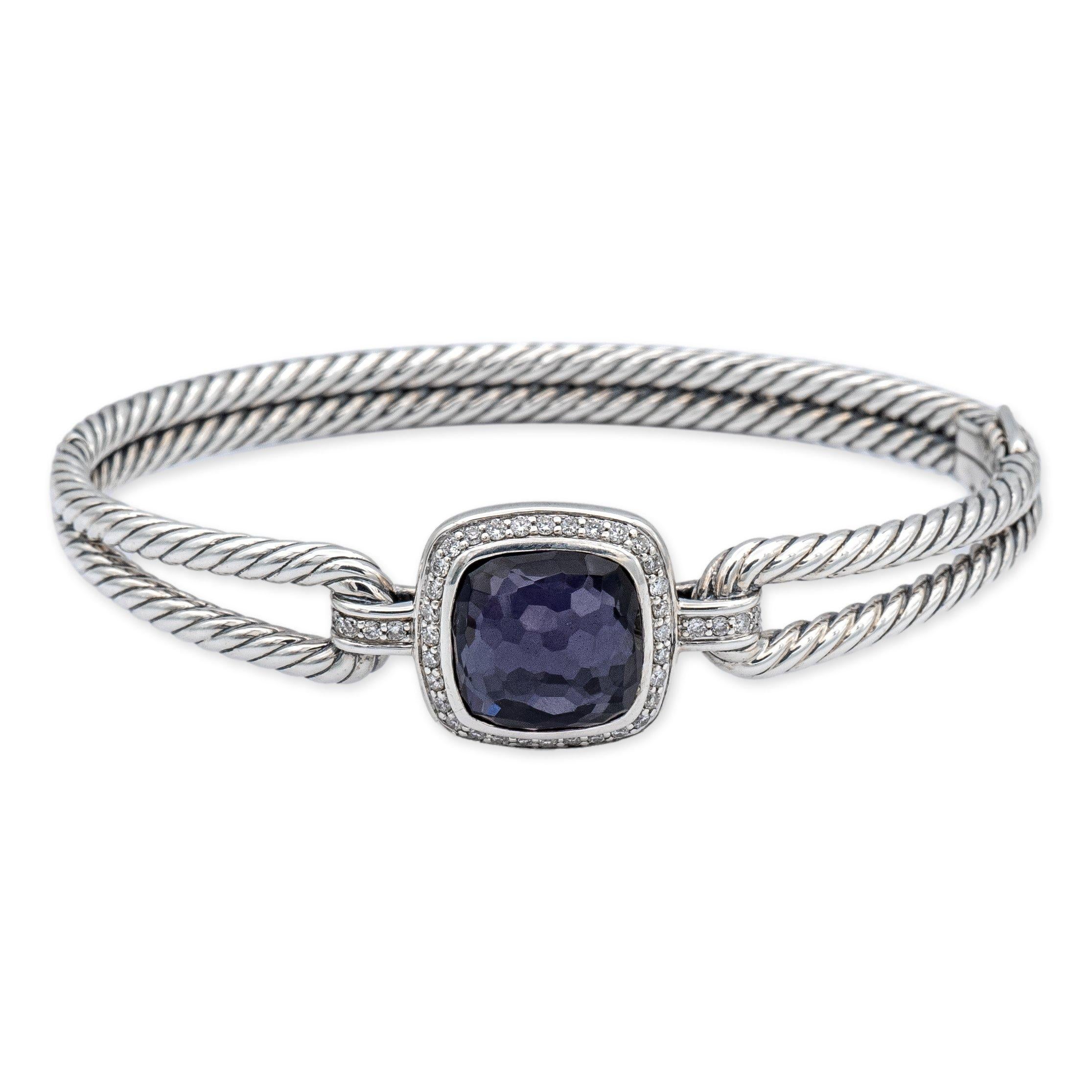 David Yurman signature cuff bracelet from The Albion® Collection’s finely crafted in sterling silver featuring a unique cushion-cut center stone defined by David Yurman as a Faceted black orchid (Lavender Amethyst backed with Hematite) adorned with