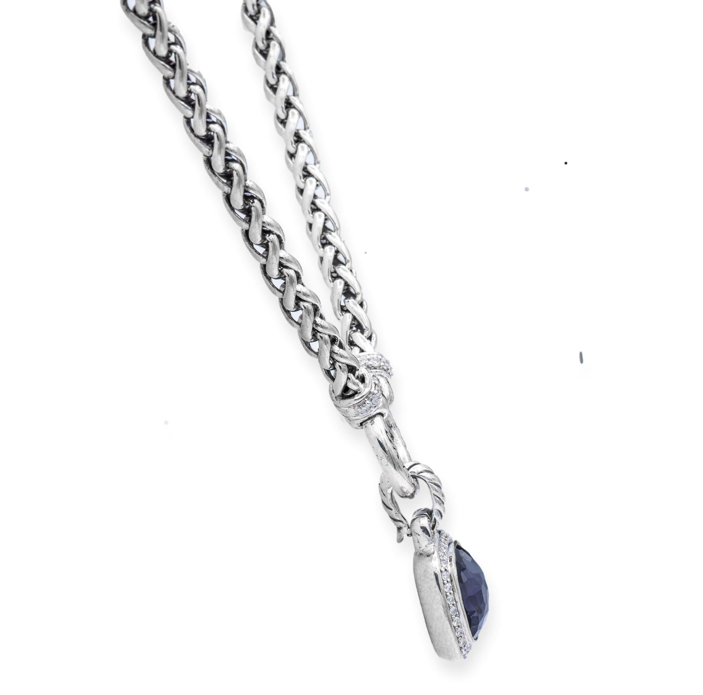 David Yurman signature necklace from The Albion® Collection’s finely crafted in sterling silver featuring a unique cushion-cut center stone defined by David Yurman as a Faceted black orchid (Lavender Amethyst backed with Hematite) adorned with a