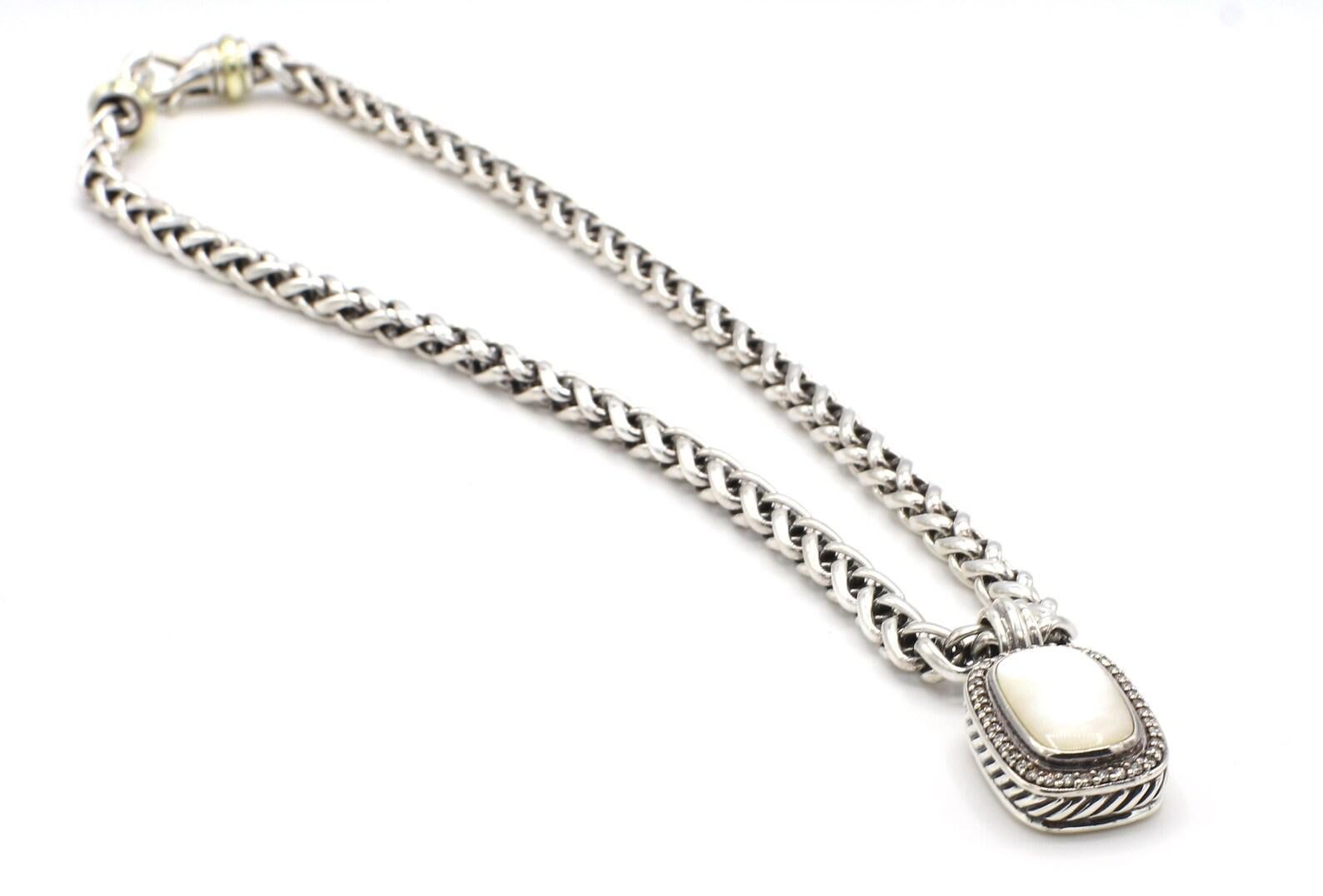David Yurman Sterling Silver Albion Natural Diamond & Mother of Pearl Enhancer Necklace
Metal: Sterling silver & 14k yellow gold
Weight: 60.9 grams
Diamonds: Approx. .37 CTW G-H VS -SI natural diamonds
Chain length: 17 inches
Enhancer length: 1.33