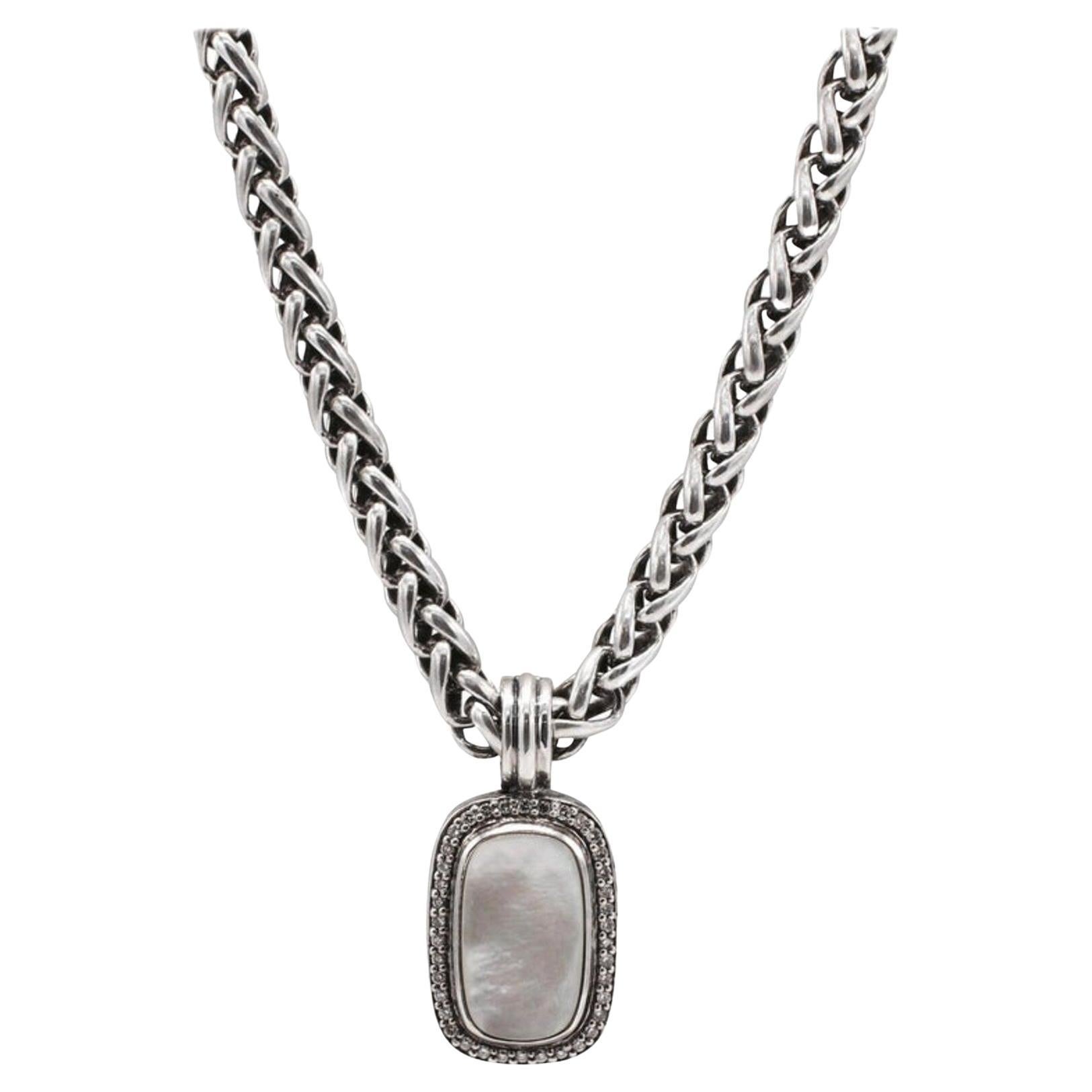 David Yurman Sterling Silver Albion Diamond & Mother of Pearl Enhancer Necklace For Sale