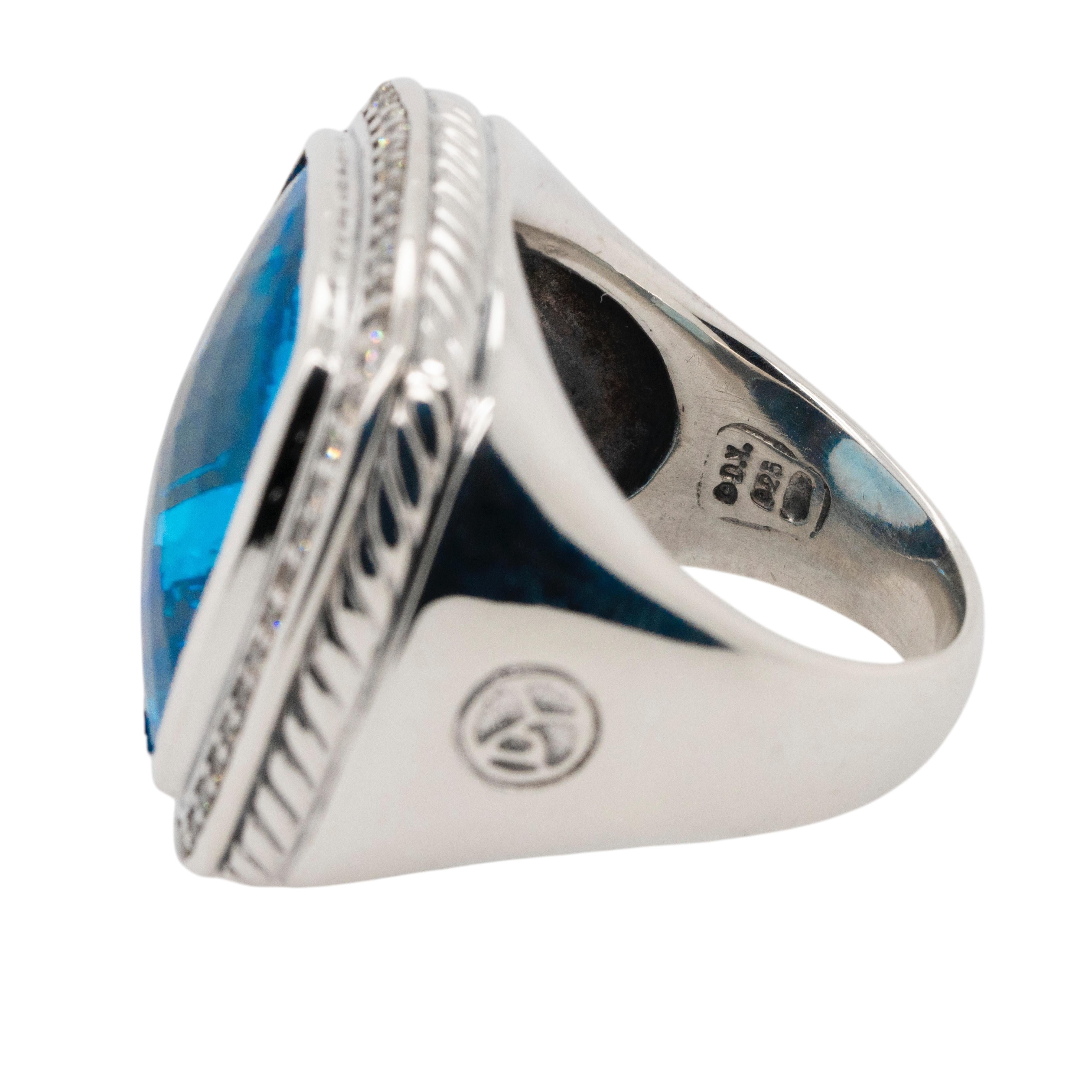 Mixed Cut David Yurman Sterling Silver Albion Ring with Blue Topaz and Diamonds For Sale