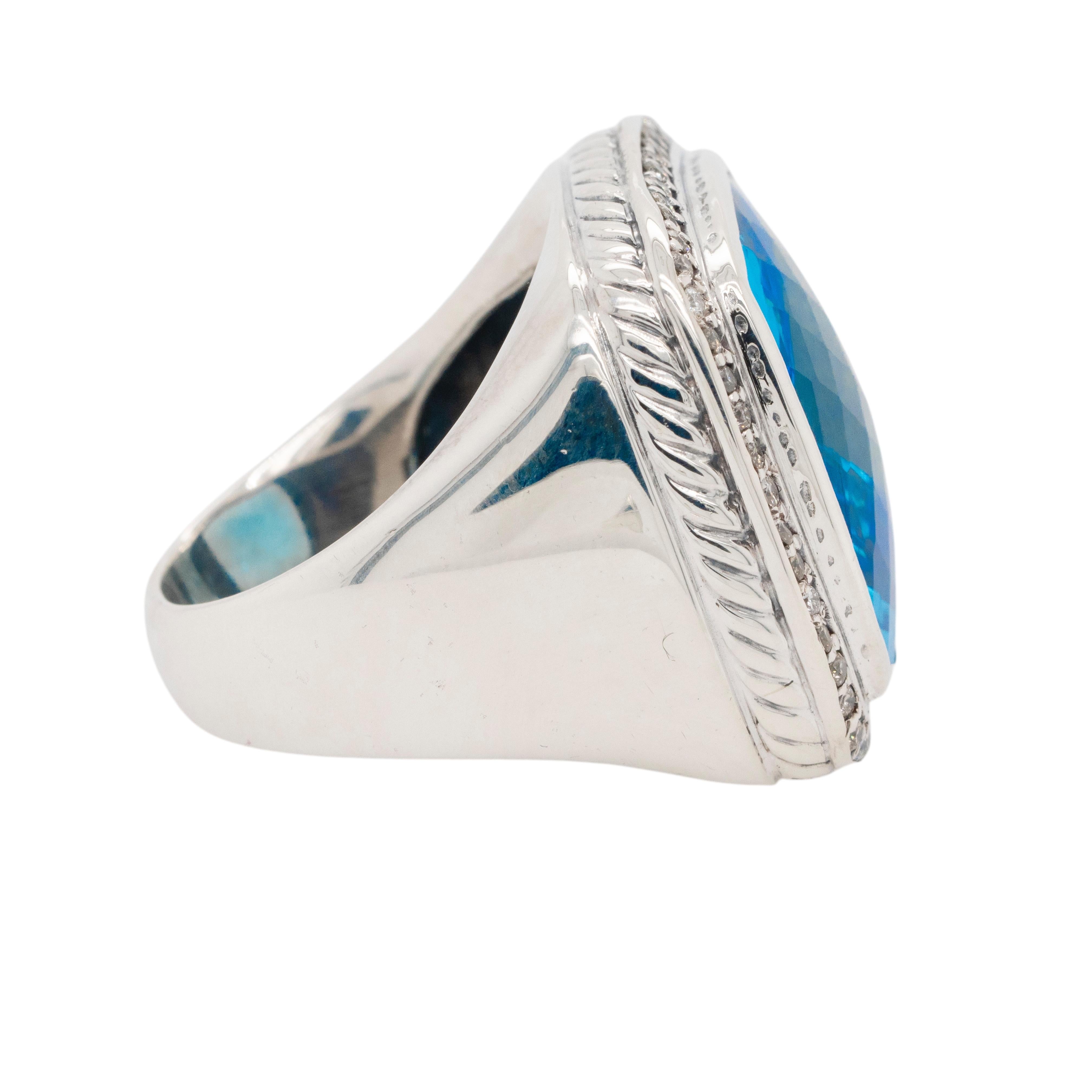 Women's or Men's David Yurman Sterling Silver Albion Ring with Blue Topaz and Diamonds For Sale