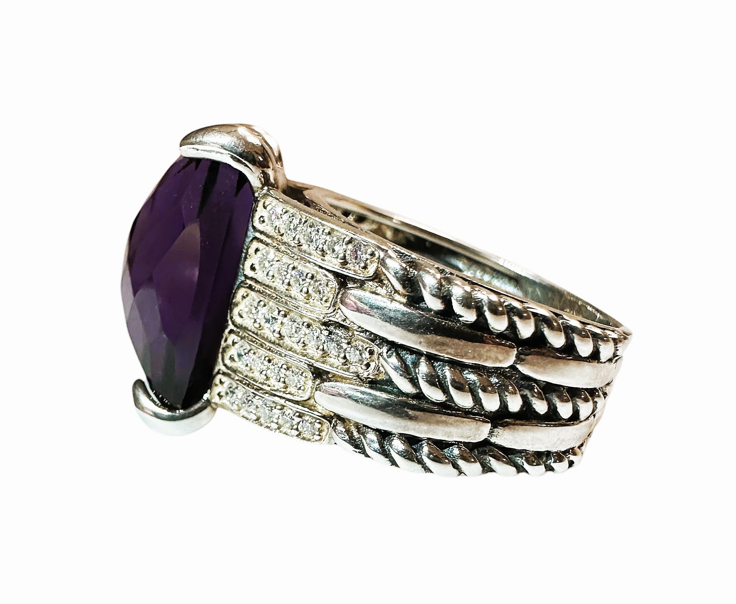 Tapered Baguette David Yurman Sterling Silver Amethyst and Diamond Cable Ring Size: 6.5
