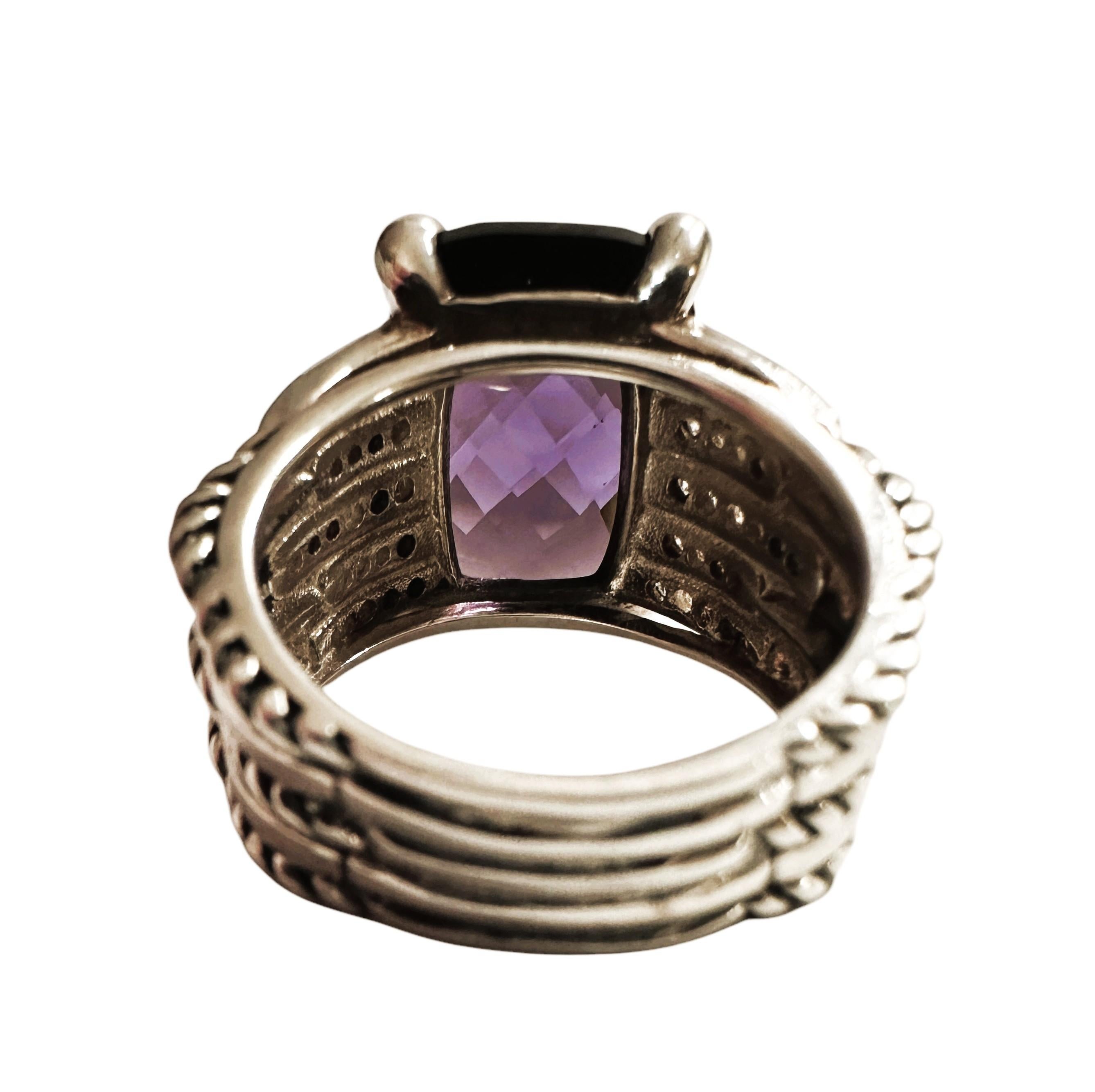 David Yurman Sterling Silver Amethyst and Diamond Cable Ring Size: 6.5 In Excellent Condition In Eagan, MN