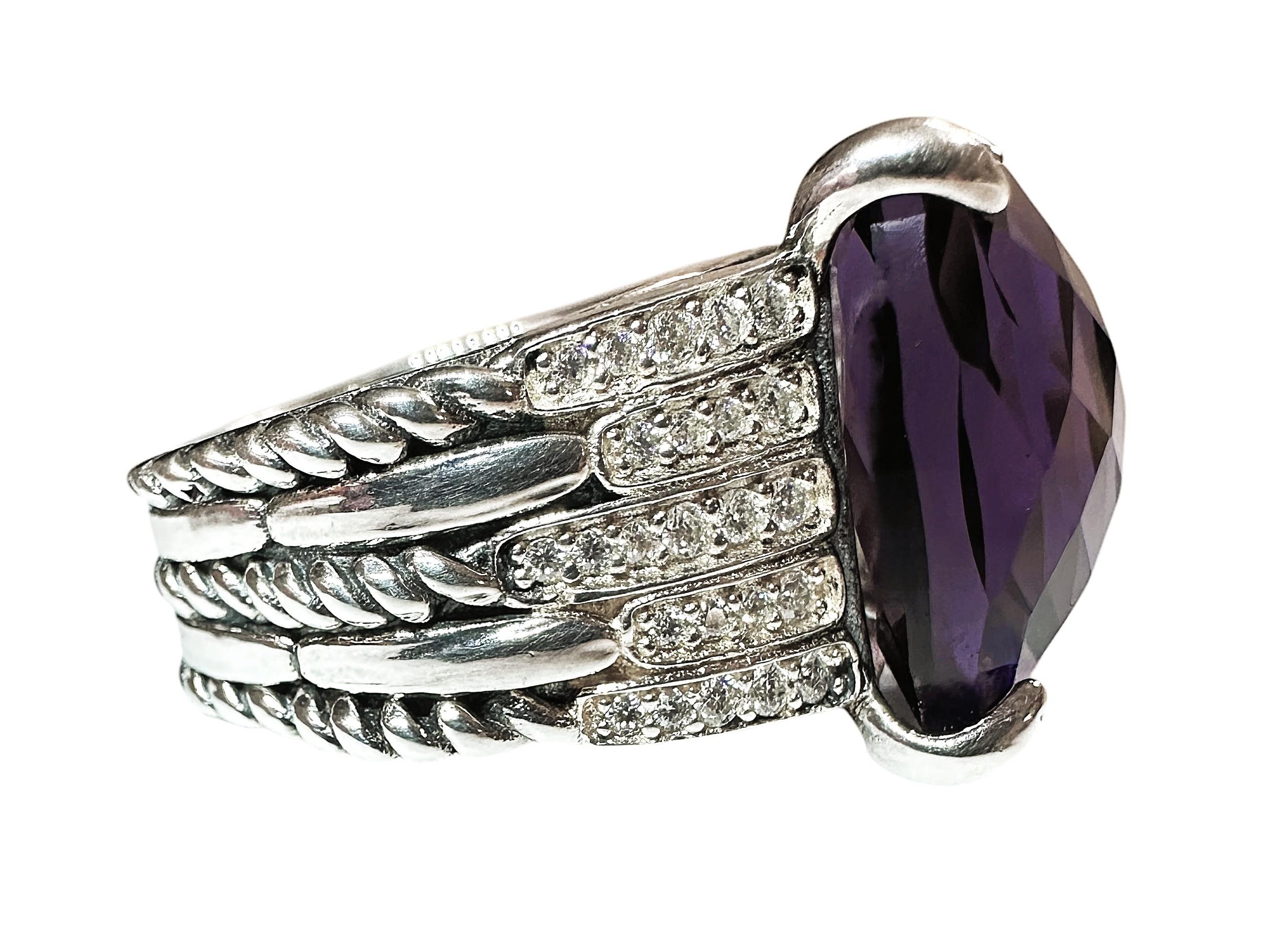 Women's David Yurman Sterling Silver Amethyst and Diamond Cable Ring Size: 6.5