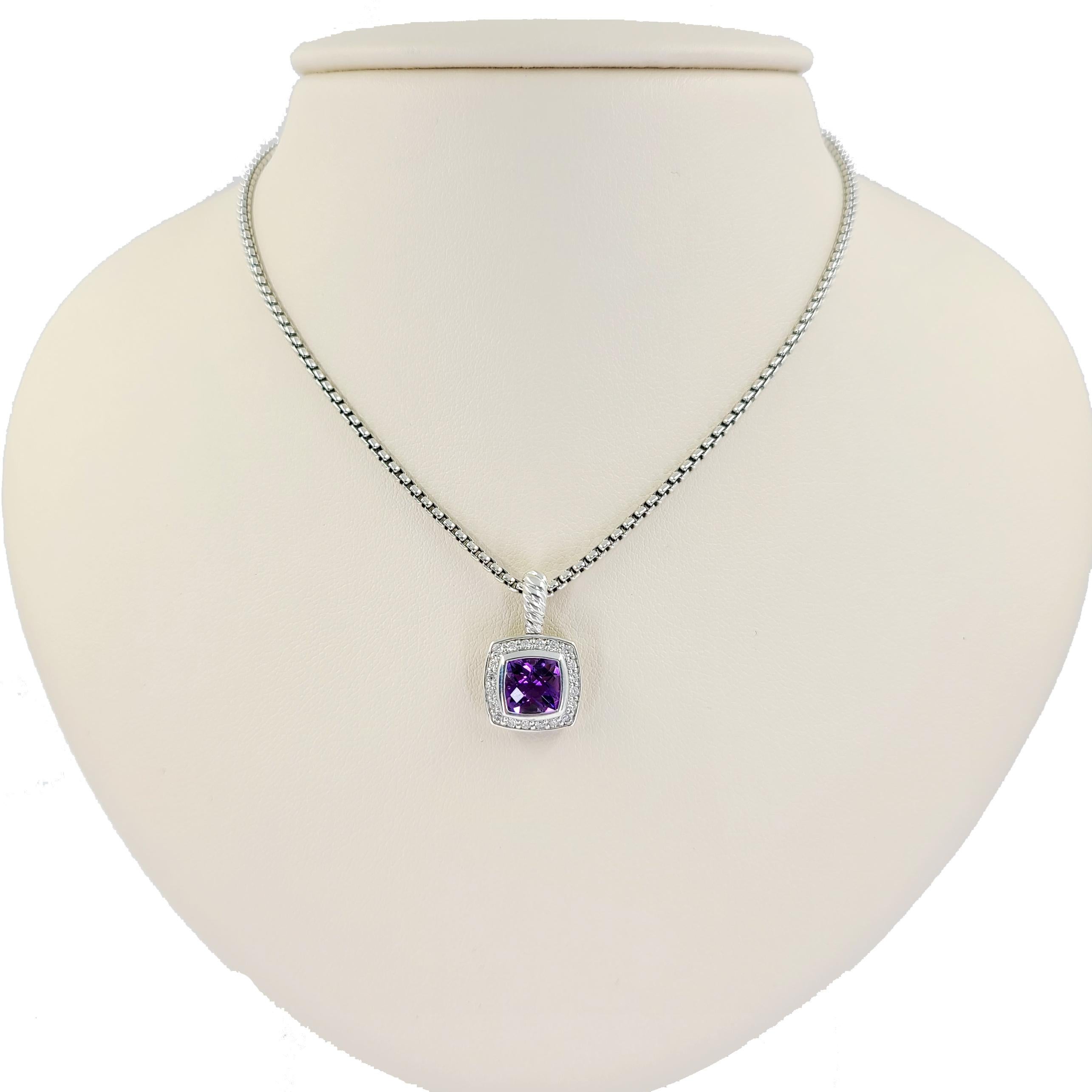 David Yurman Sterling Silver Petite Albion Pendant Necklace Featuring A Cushion Cut Amethyst Surrounded By Diamonds. Rounded Box Chain Measuring 17 Inches, With Optional Jump Ring at 15.5 Inches.