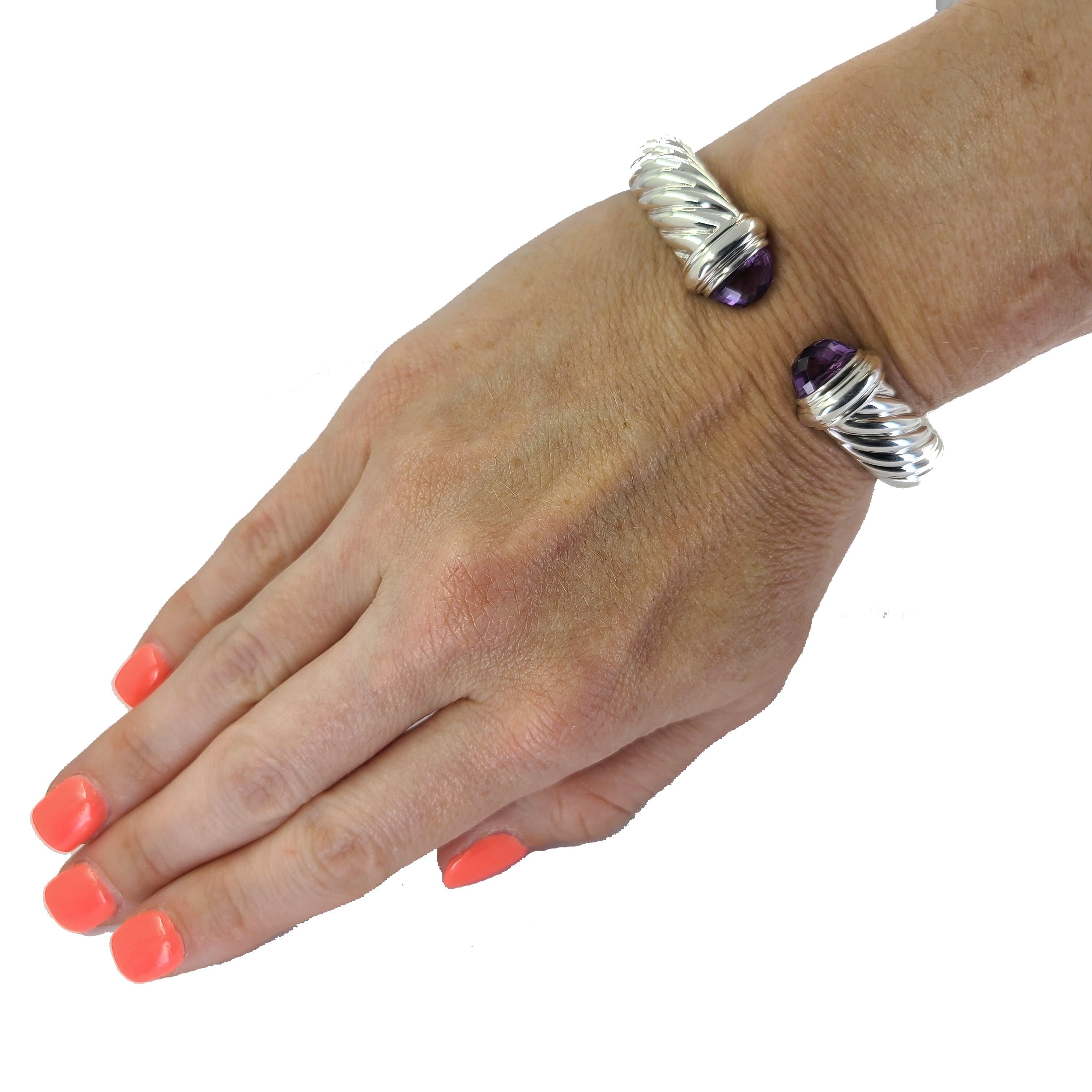 David Yurman Sterling Silver Hinged Cuff Featuring Faceted Amethyst Ends. Original MSRP $875.