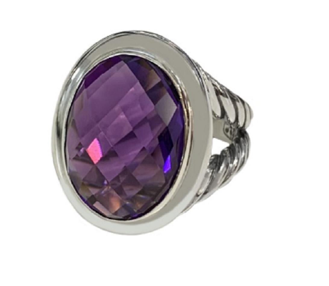 David Yurman Sterling Silver Amethyst Oval Ring Size 7.75 In New Condition For Sale In New York, NY