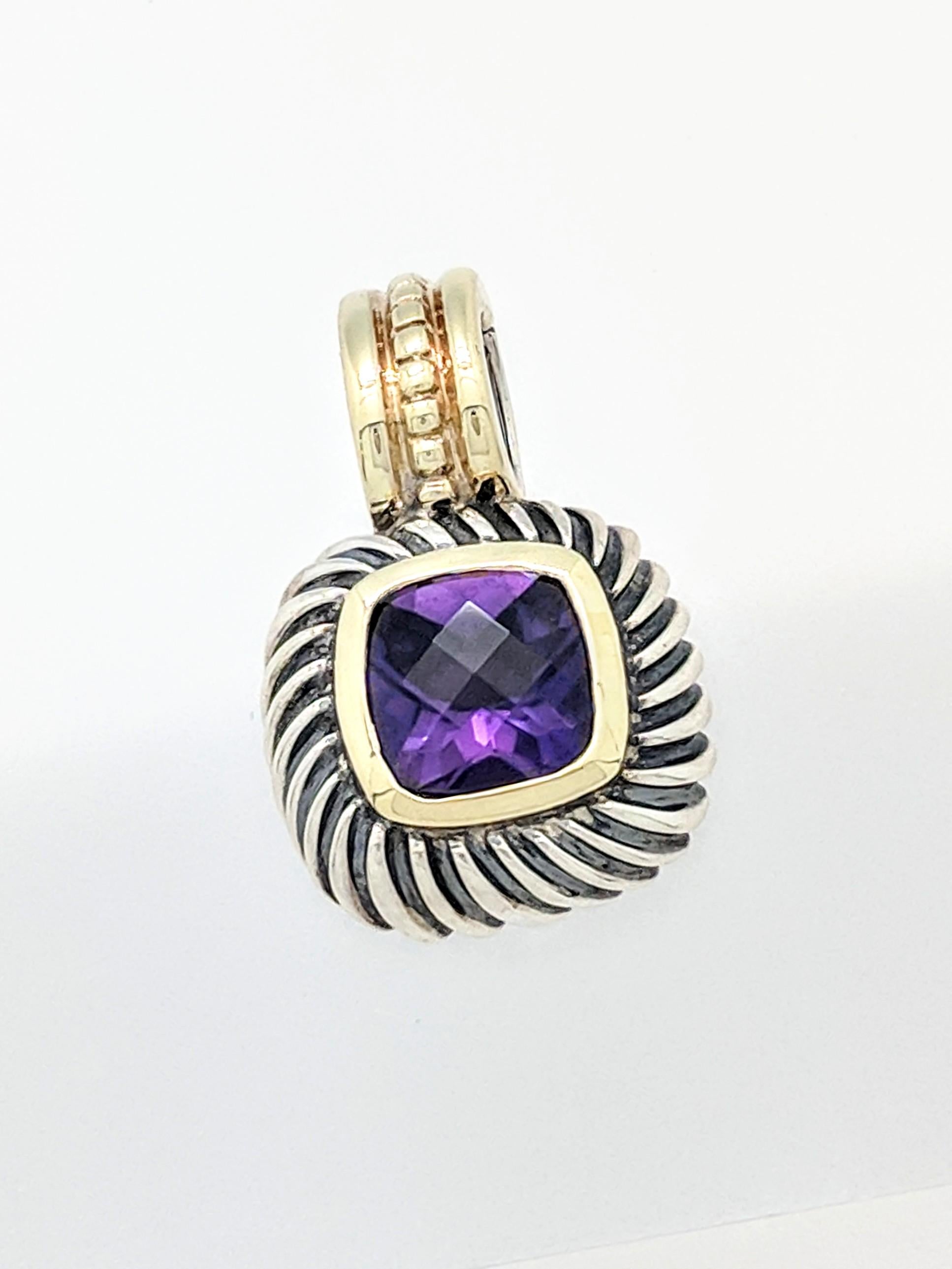 David Yurman Sterling Silver & 14K Yellow Gold Amethyst Albion Pendant Enhancer

You are viewing an Authentic David Yurman Sterling Silver & 14K Yellow Gold Amethyst Albion Pendant Enhancer. The pendant holds one approximately 7mm by 7mm faceted