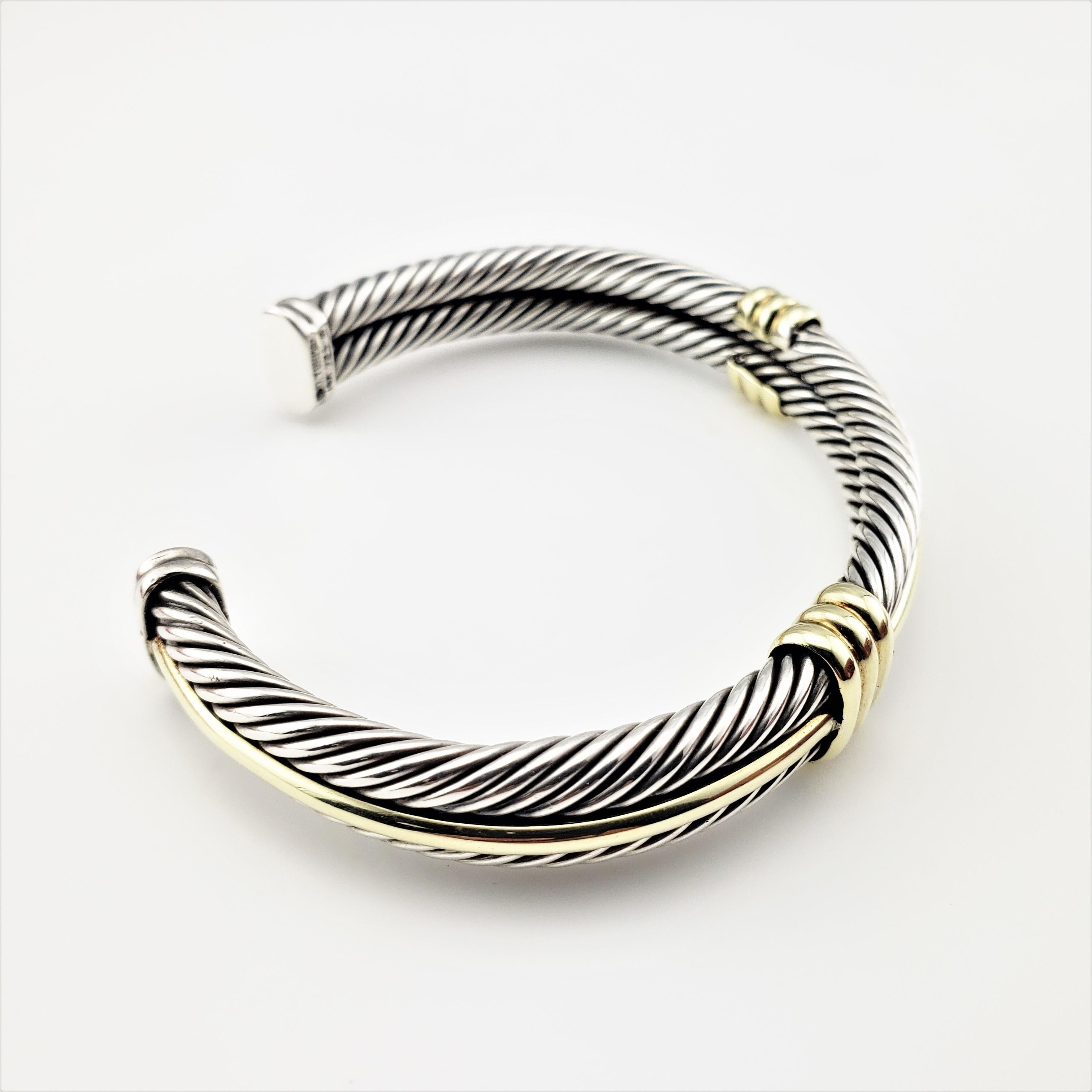 David Yurman Sterling Silver and 14 Karat Yellow Gold Cable Cuff Bracelet In Good Condition In Washington Depot, CT