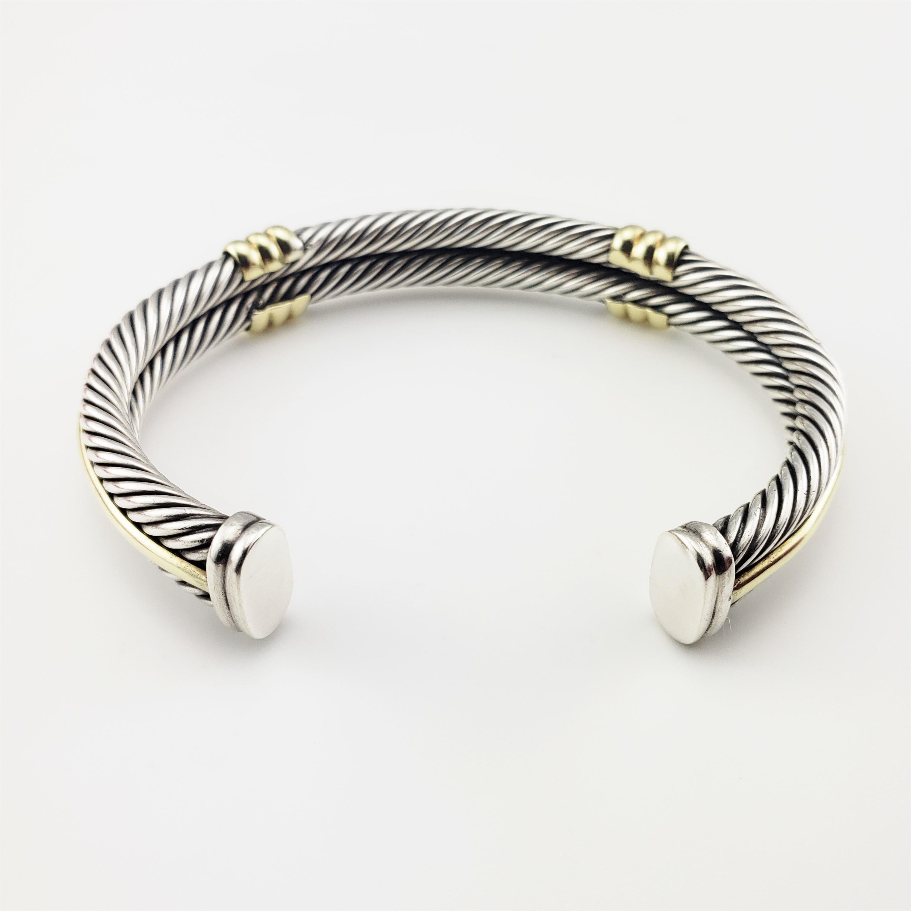 Women's or Men's David Yurman Sterling Silver and 14 Karat Yellow Gold Cable Cuff Bracelet