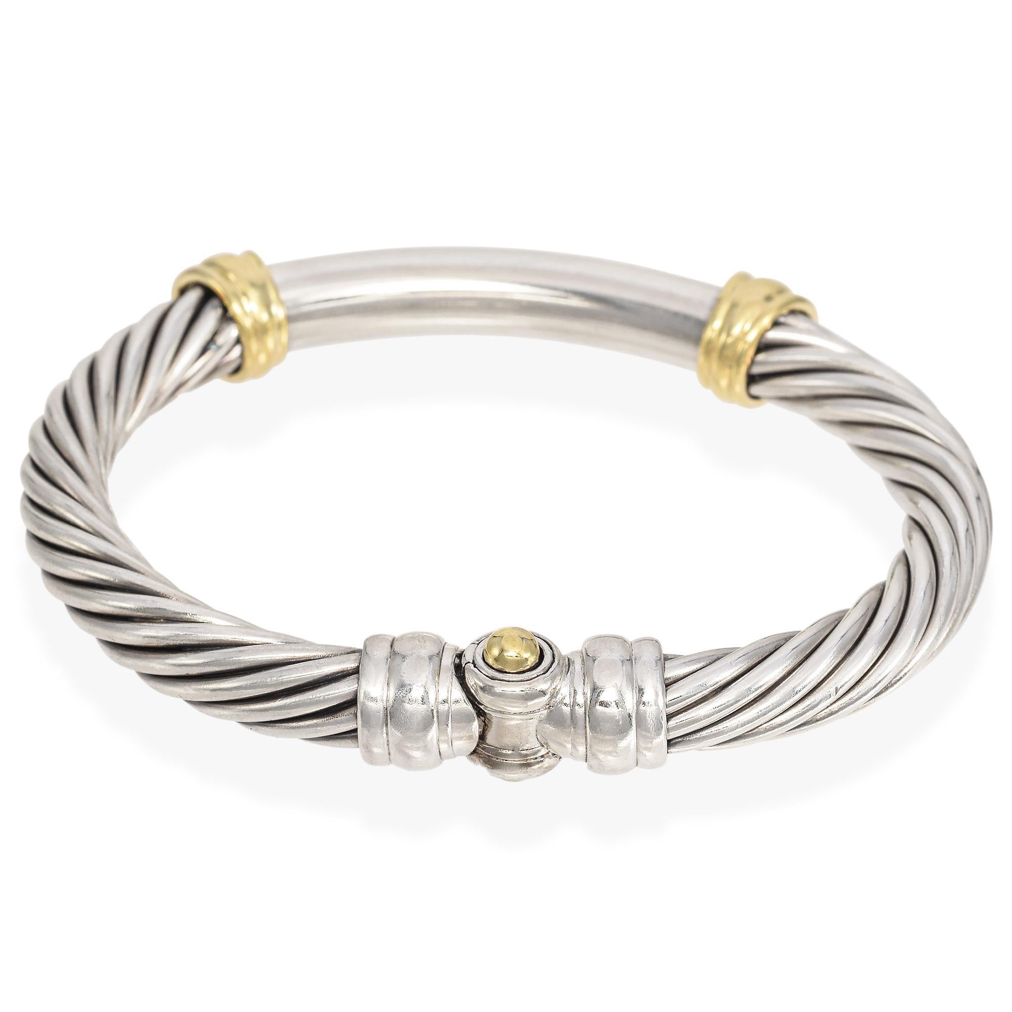 Women's David Yurman Sterling Silver and 14K Yellow Gold Hinged Cable Bangle Bracelet For Sale