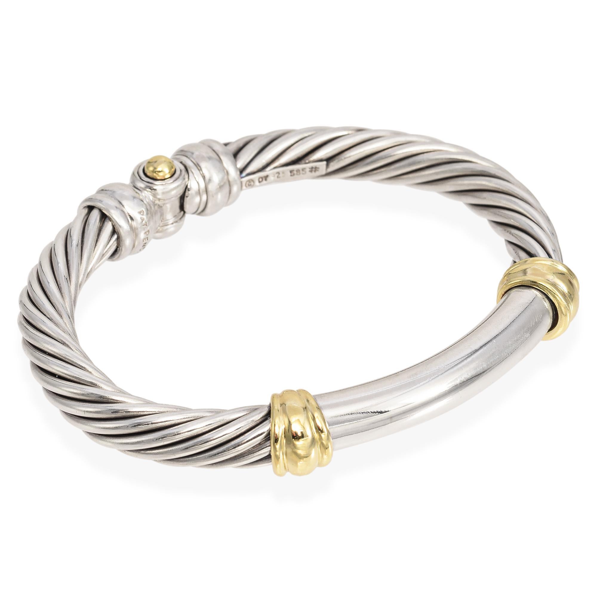 David Yurman Sterling Silver and 14K Yellow Gold Hinged Cable Bangle Bracelet For Sale 1
