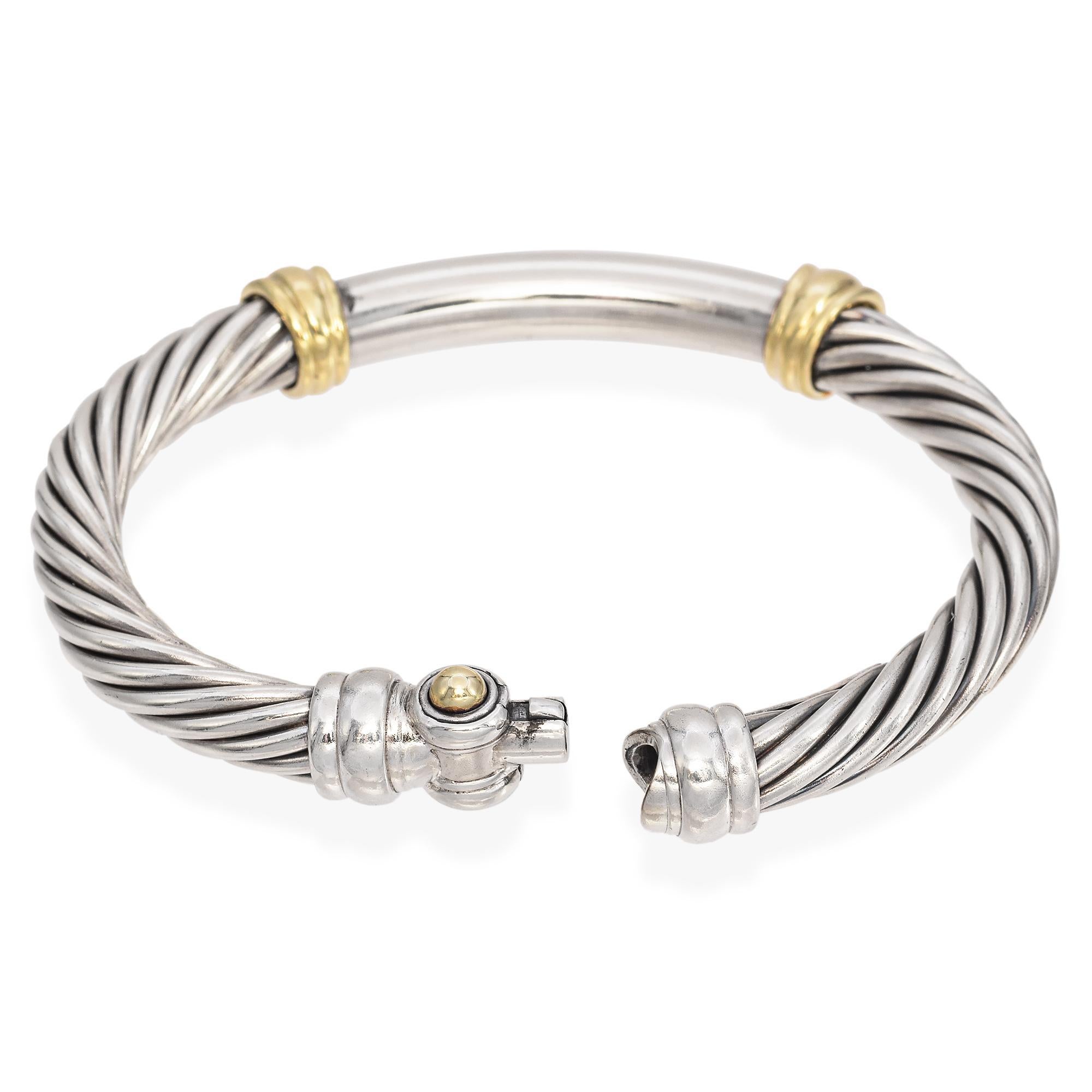 David Yurman Sterling Silver and 14K Yellow Gold Hinged Cable Bangle Bracelet For Sale 2