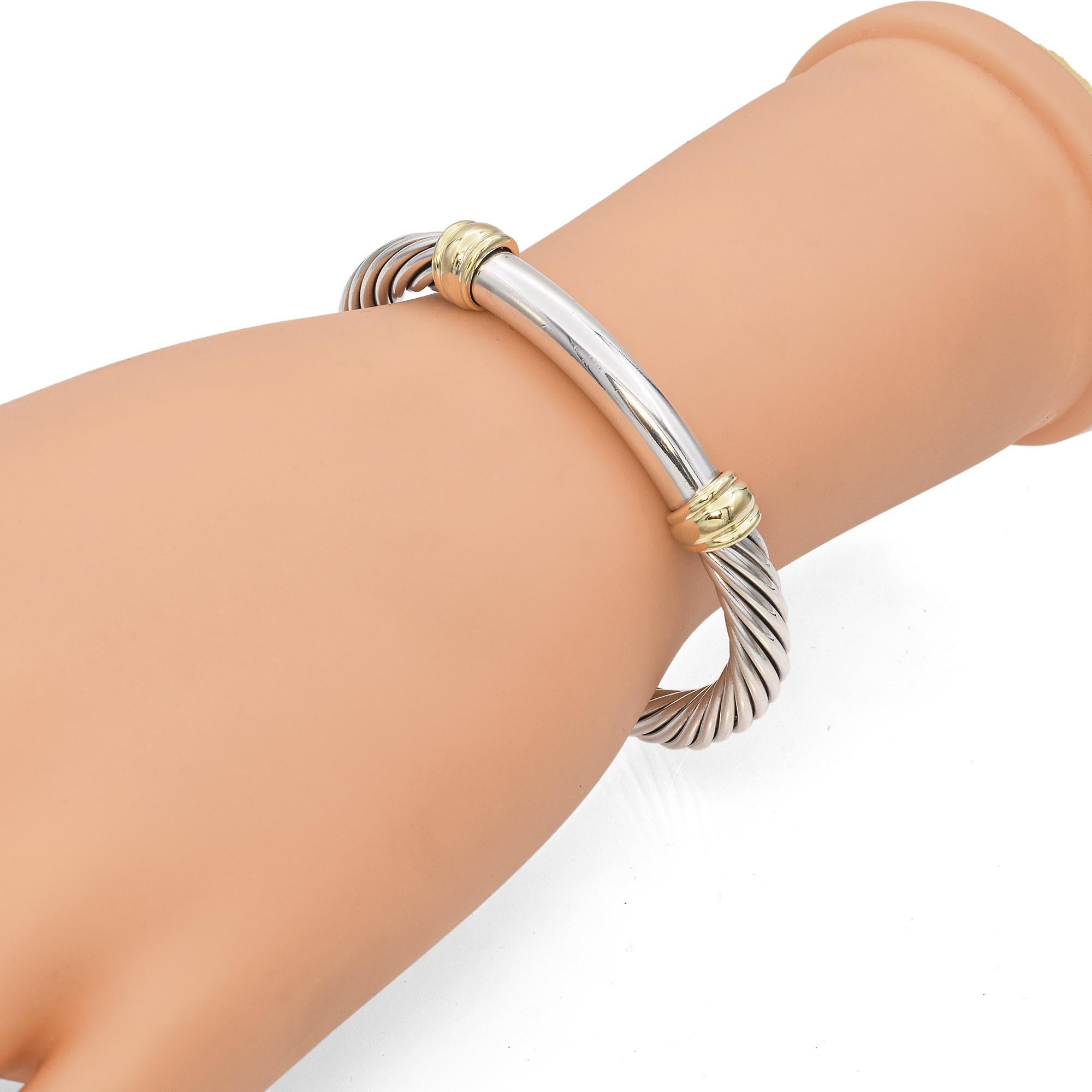 David Yurman Sterling Silver and 14K Yellow Gold Hinged Cable Bangle Bracelet For Sale 3