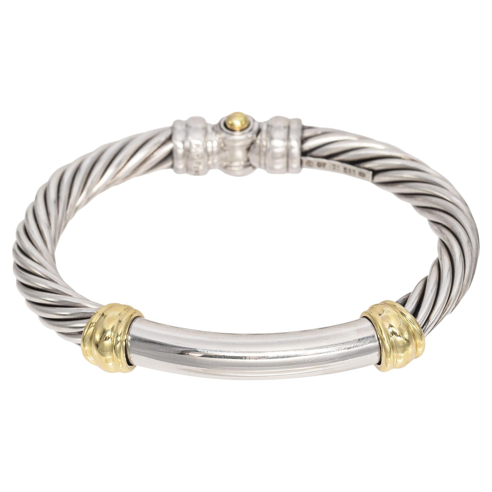 David Yurman Sterling Silver and 14K Yellow Gold Hinged Cable Bangle Bracelet