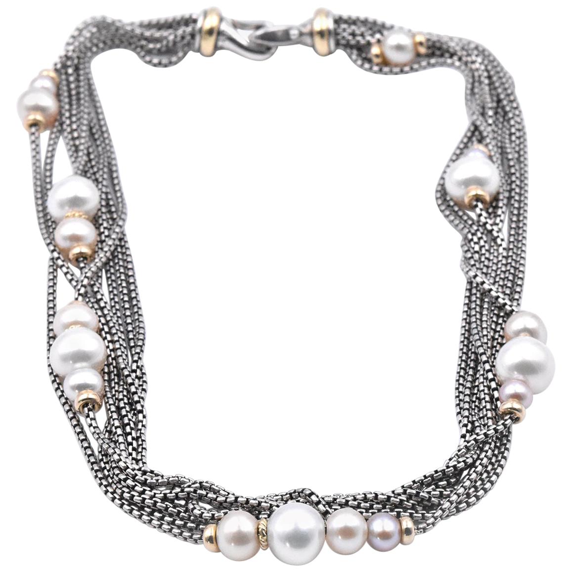 David Yurman Sterling Silver and 18 Karat Gold Pearl Eight-Row Chain Necklace