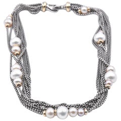 David Yurman Sterling Silver and 18 Karat Gold Pearl Eight-Row Chain Necklace