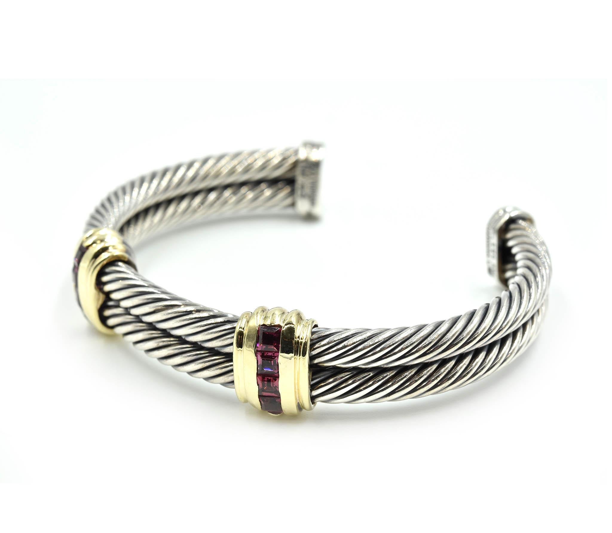 David Yurman Sterling Silver and 18 Karat Gold Pink Tourmaline Cable Bangle In Excellent Condition In Scottsdale, AZ
