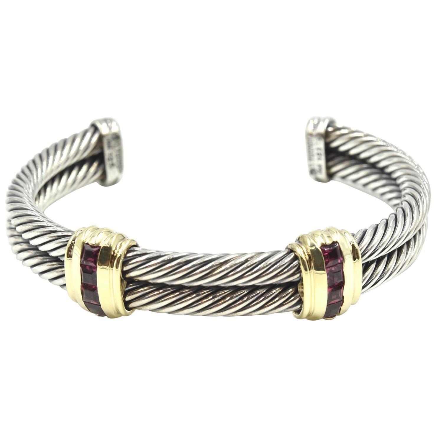 David Yurman Sterling Silver and 18 Karat Gold Pink Tourmaline Cable Bangle