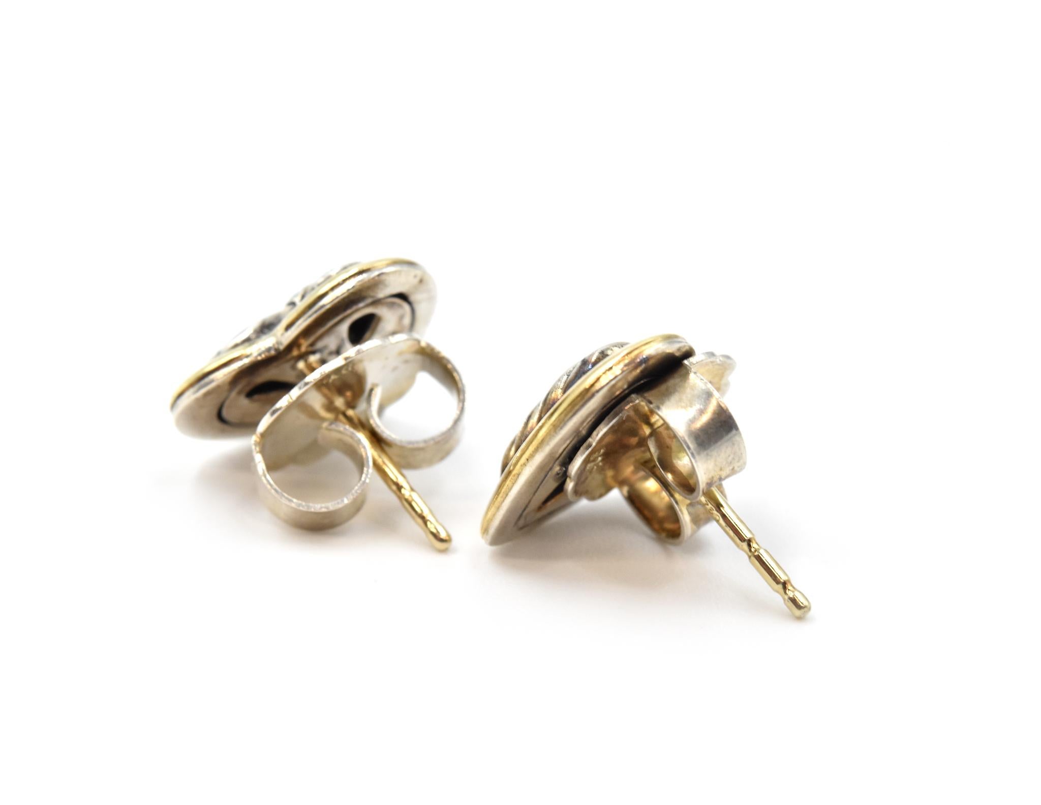 David Yurman Sterling Silver and 18 Karat Yellow Gold Heart Cable Stud Earrings In Good Condition In Scottsdale, AZ