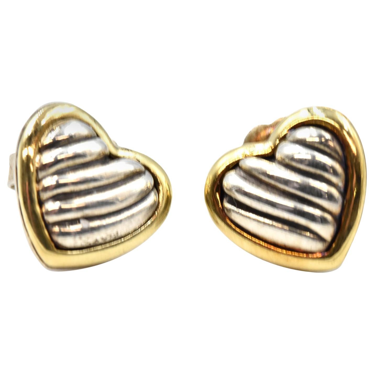 David Yurman Sterling Silver and 18 Karat Yellow Gold Heart Cable Stud Earrings