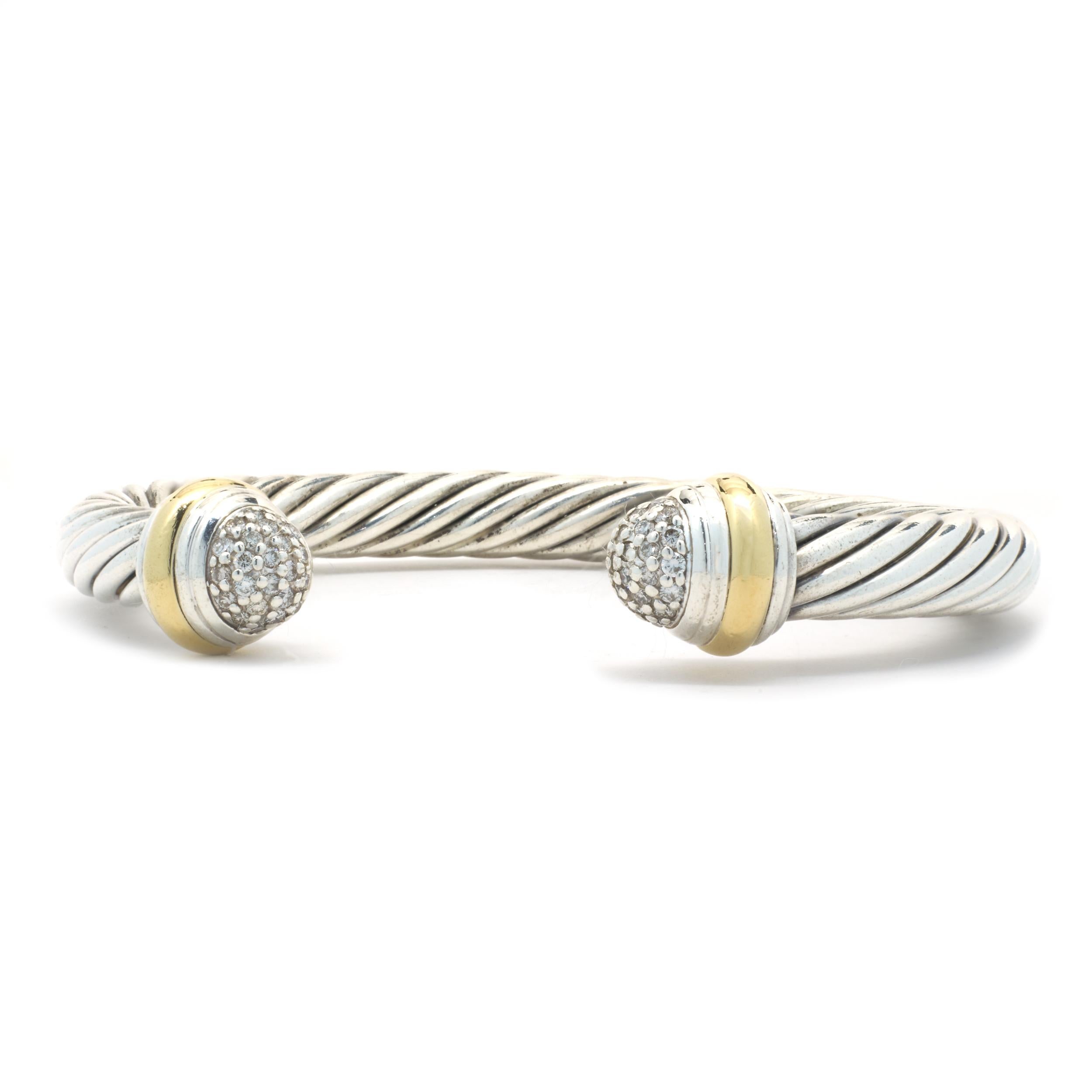Designer: David Yurman
Material: sterling silver & 18K yellow gold
Diamonds: 40 round cut = .49cttw
Color: G
Clarity: SI1-2
Weight: 42.02 grams
