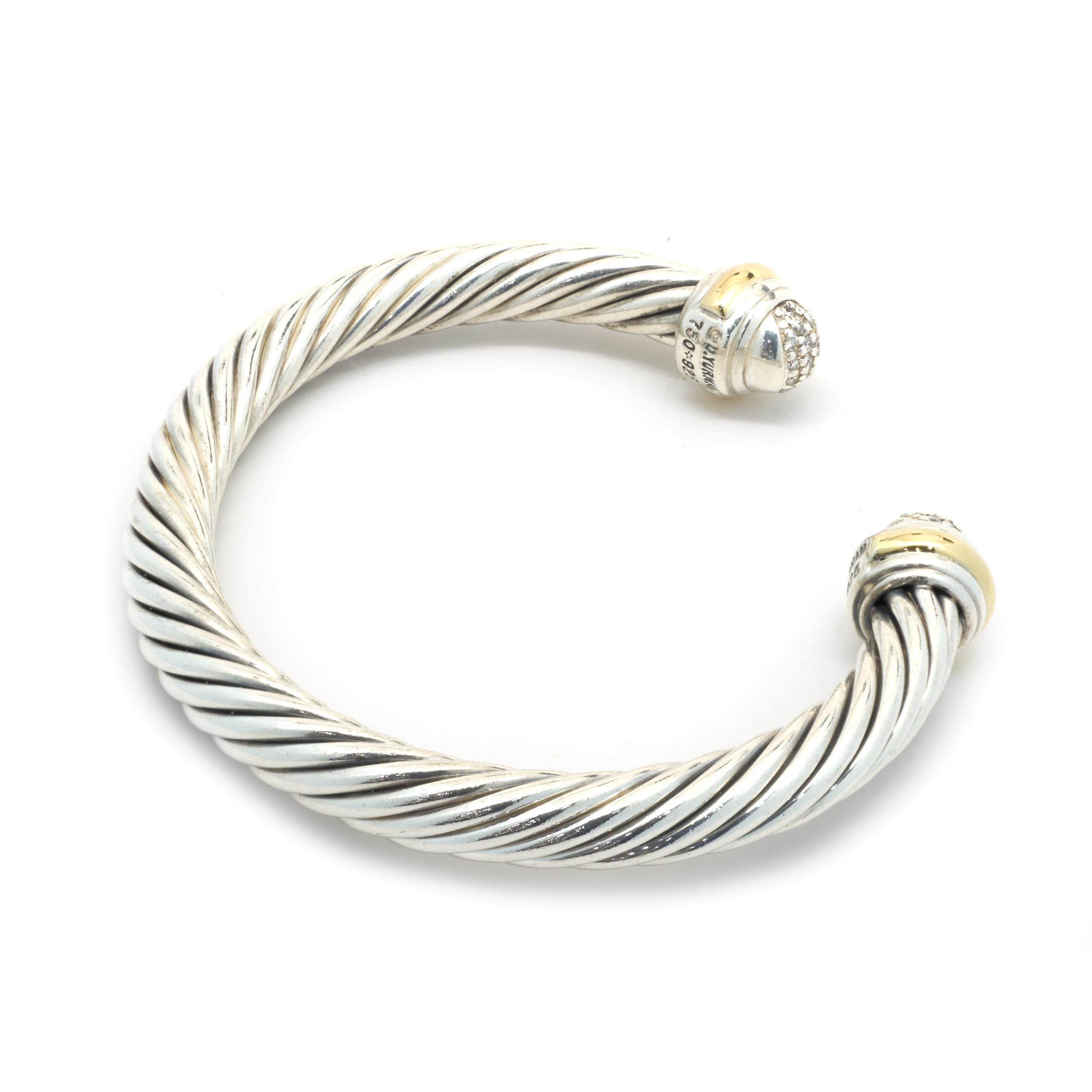 David Yurman Sterling Silver and 18 Karat Yellow Gold Pave Diamond Cable Classic In Excellent Condition In Scottsdale, AZ