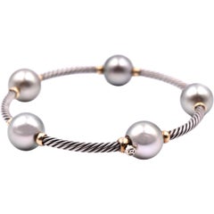 David Yurman Sterling Silver and 18 Karat Yellow Gold with Tahitian Pearl Bangle