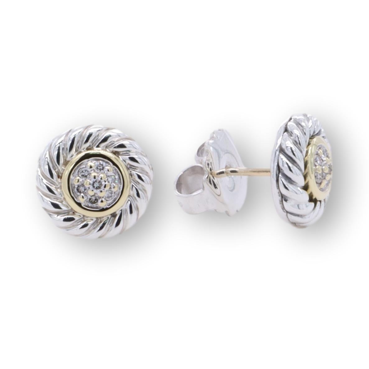David Yurman pair of stud earrings from the cable cookie classics collection finely crafted in fine sterling silver featuring 2 pave diamond centers weighing 0.12 carats approximately with an 18K yellow gold rim and silver cable design frame. The