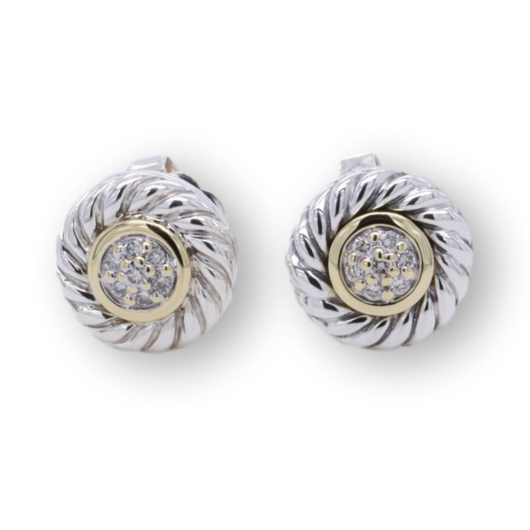 Contemporary David Yurman Sterling Silver and 18K Gold Pave Diamond Cable Cookie Stud Earring