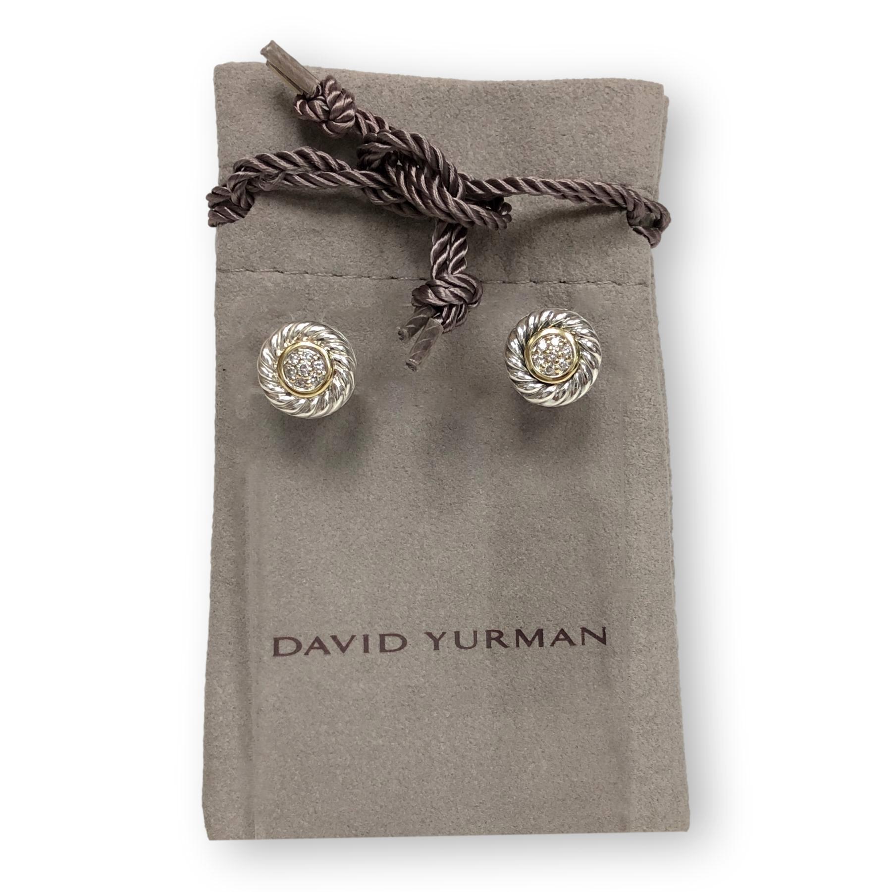 Round Cut David Yurman Sterling Silver and 18K Gold Pave Diamond Cable Cookie Stud Earring