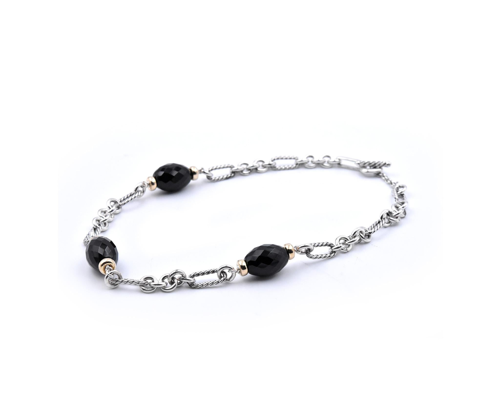 David Yurman Sterling Silver and 18 Karat Yellow Gold Black Onyx Figaro Necklace In Excellent Condition In Scottsdale, AZ