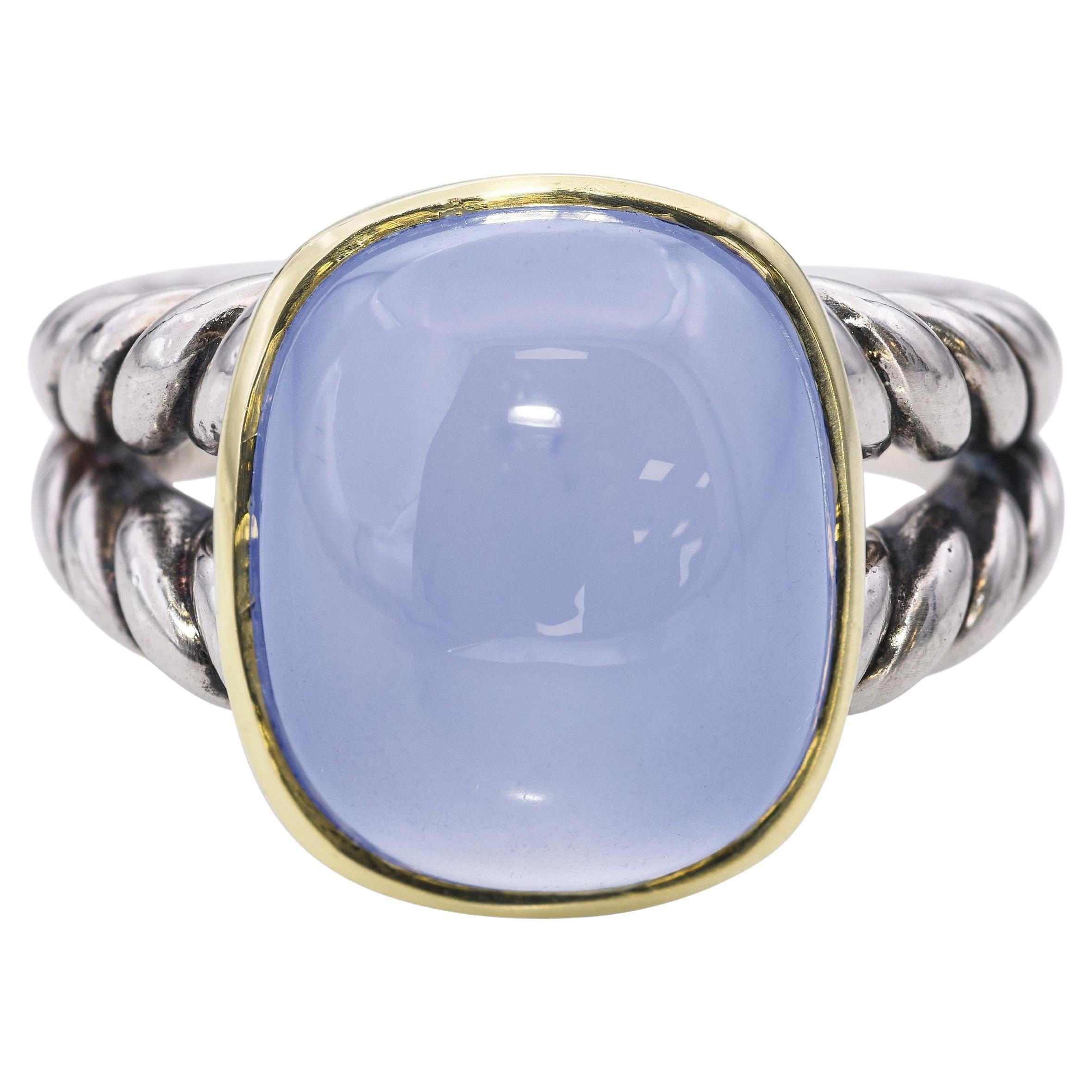 David Yurman Anello intrecciato in argento sterling e oro giallo 18k con calcedonio blu