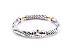 David Yurman Sterling Silver and 18k Yellow Gold Cable 3 Station Bangle Bracelet