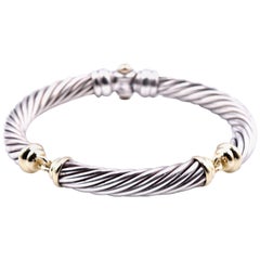 David Yurman Sterling Silver and 18k Yellow Gold Cable 3 Station Bangle Bracelet