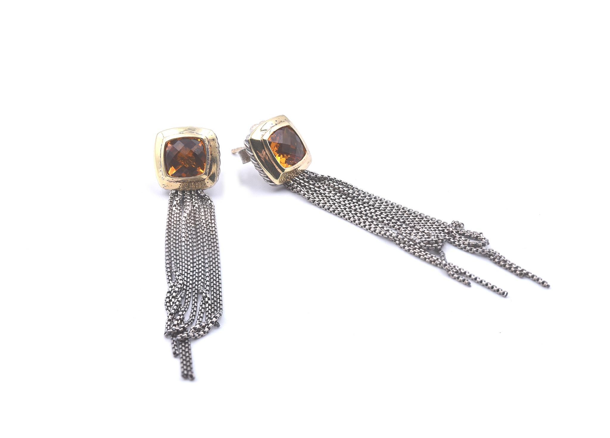 Designer: David Yurman 
Material: Sterling silver and 18k yellow gold
Citrine: checkerboard cushion cut citrines
Dimensions: earrings measure 60mm in length and 11.55mm in width
Weight: 9.83 grams

