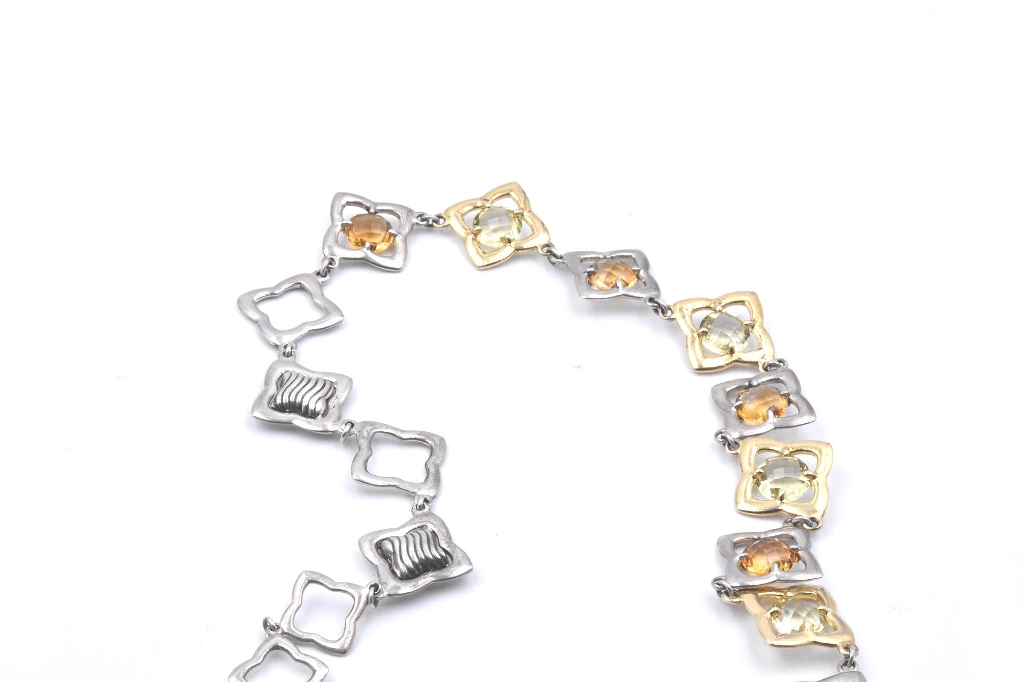 Designer: David Yurman
Gemstone: Lemon quartz and citrine qua trefoil 
Material: sterling silver and 18k yellow gold
Dimensions: necklace is 17-inches long and it is 17.62mm wide
Weight: 38.7 grams
